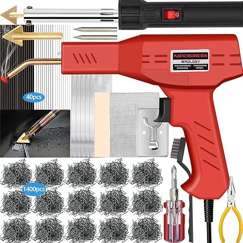 2 soldadores de plástico, 1200 grapas, 40 varillas de por vida, kit de soldadura de plástico 5 en 1, cinta de papel de lija, soporte de malla de