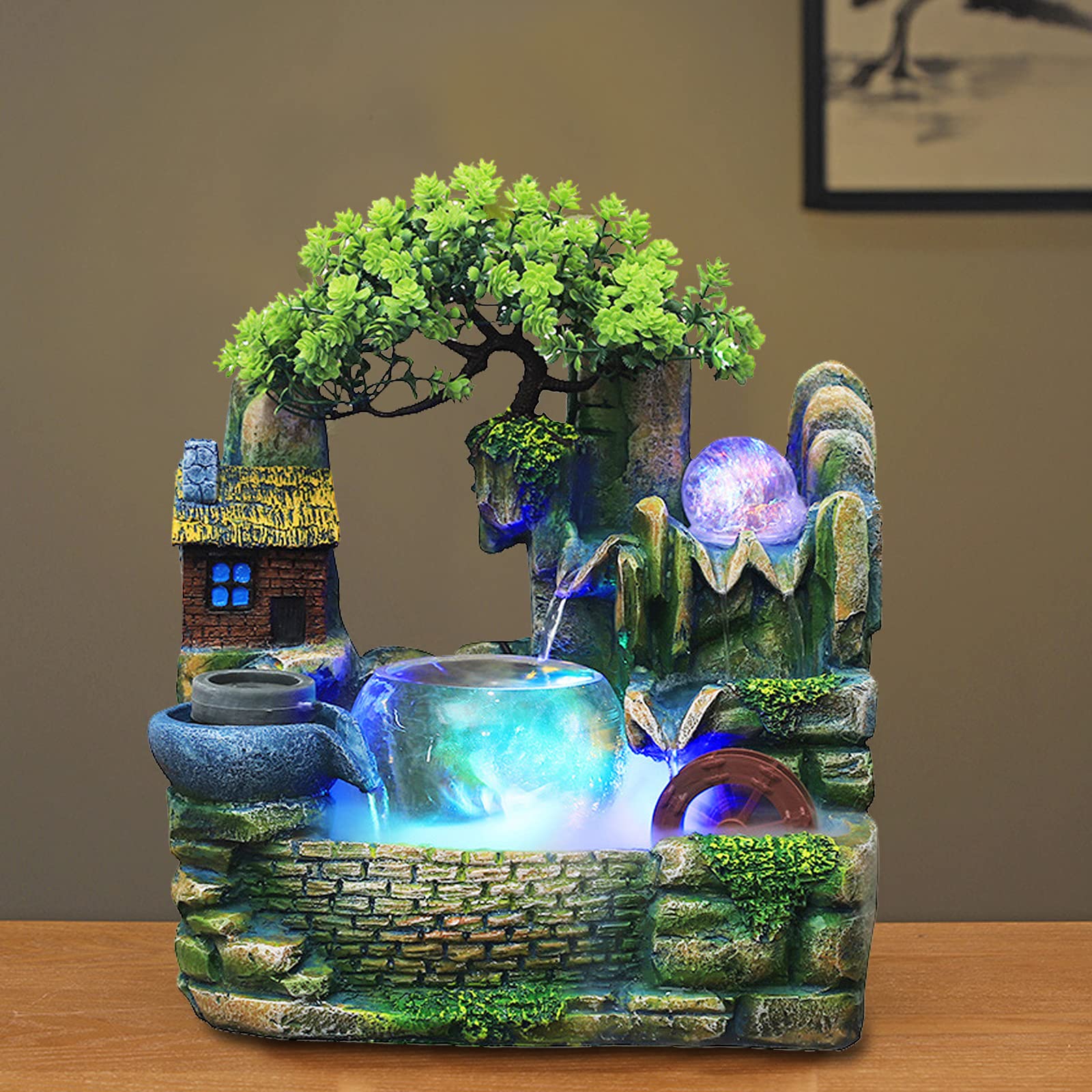 Fontaine d'intérieur - Cascade - Fontaine de table avec éclairage LED et brouillard - Petite fontaine d'intérieur avec plantes - Décoration Salon, Pour le placement dans le salon, le bureau