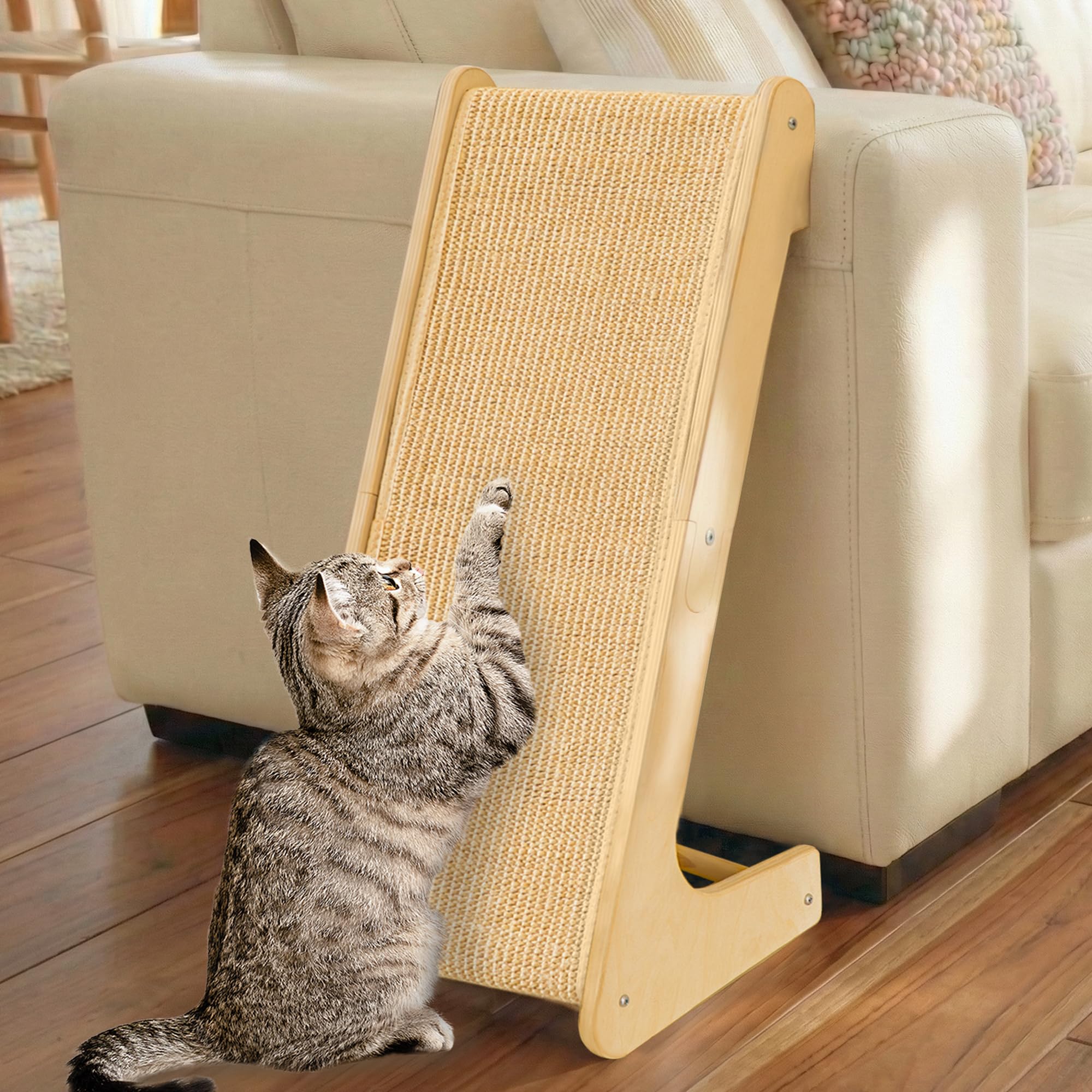 PETKARAY L-Shaped Dual-Use Sisal Cat Scratcher, 64 cm Tall Natural Sisal Cat Scratching Post, L-Shaped Pet Furniture Protector with Catnip, Classic Design