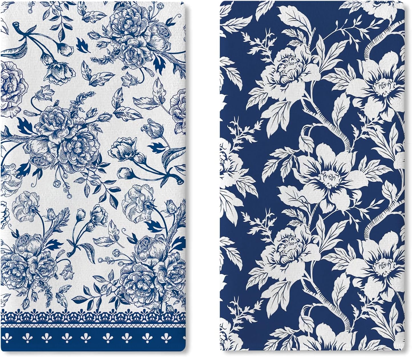 Vintage Flower Kitchen Dish Towels Set of 2, Retro Blue White Floral Drying Hand Towel Baking Cooking Cloth, Spring Summer Bathroom Home Decoration