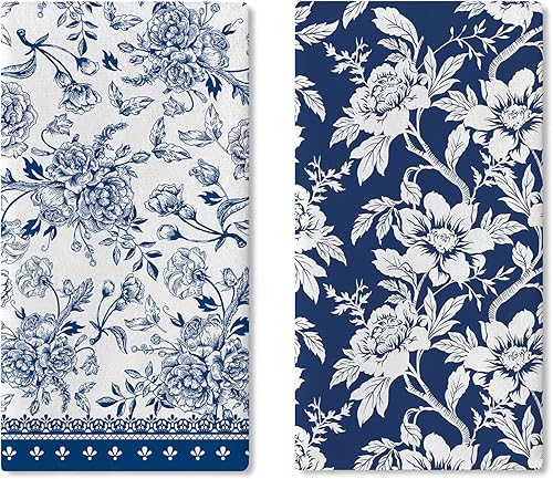 Vintage Flower Kitchen Dish Towels Set of 2, Retro Blue White Floral Drying Hand Towel Baking Cooking Cloth, Spring Summer Bathroom Home Decoration