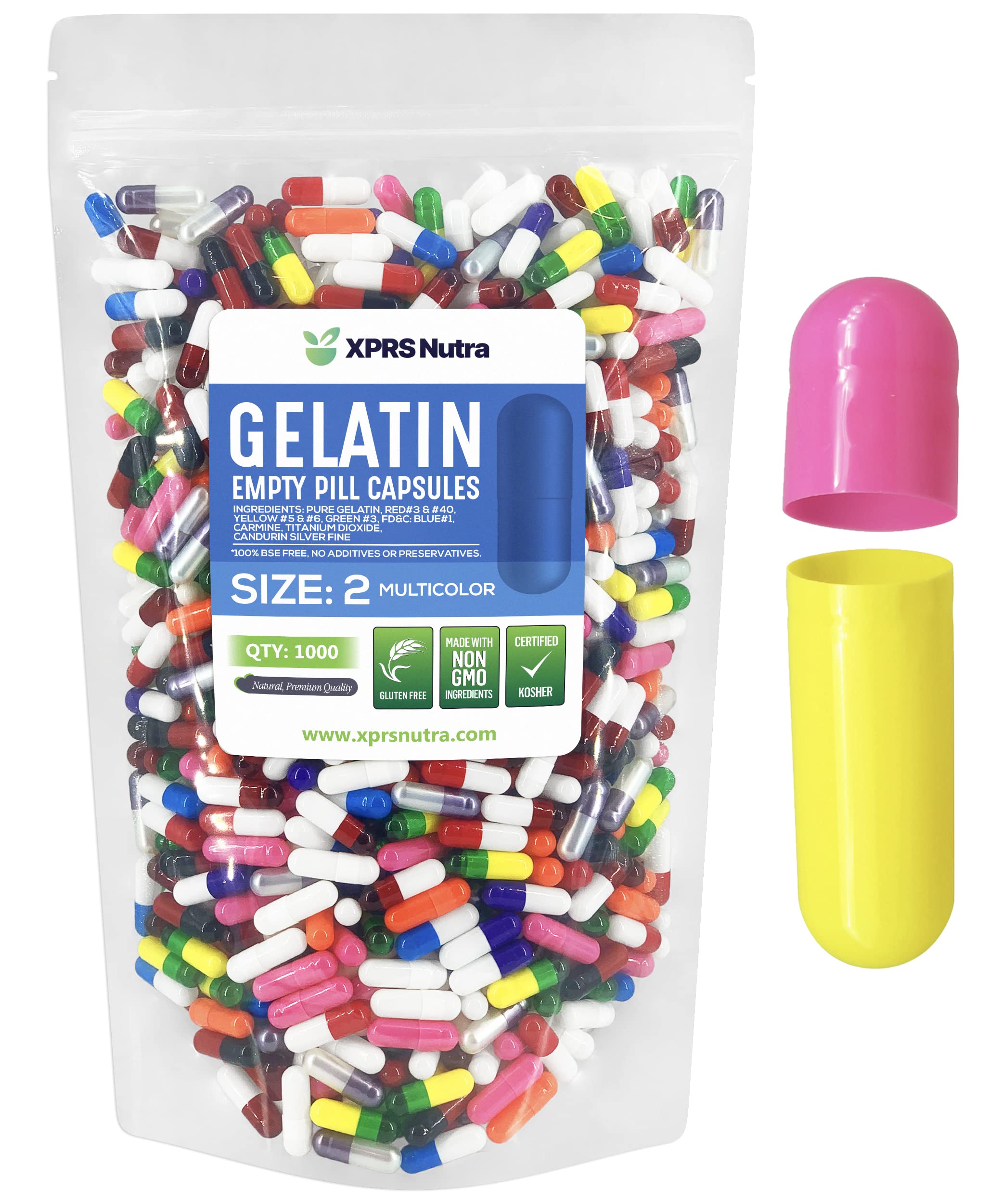 XPRS Nutra Size 2 Empty Capsules - 1000 Count Empty Gelatin Capsules - Pills DIY Capsule Filling - Pure Bovine Pill Gel Caps for Do-It-Yourself Supplements (Multi Color) 1000 Count (Pack of 1) Multi Color