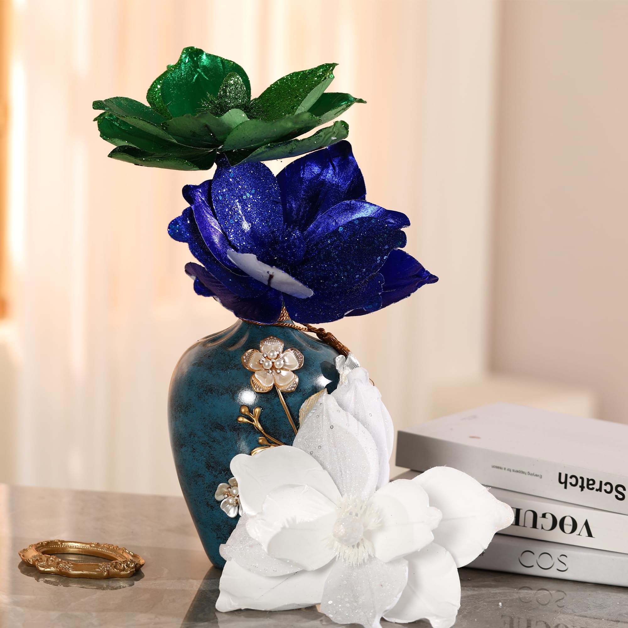 Flores de Navidad Grandes Con Purpurina de 10 Pulgadas - 6 Piezas de Adornos de Flores Artificiales de Magnolia Plegables Para Decoración de Árbol y Fiesta