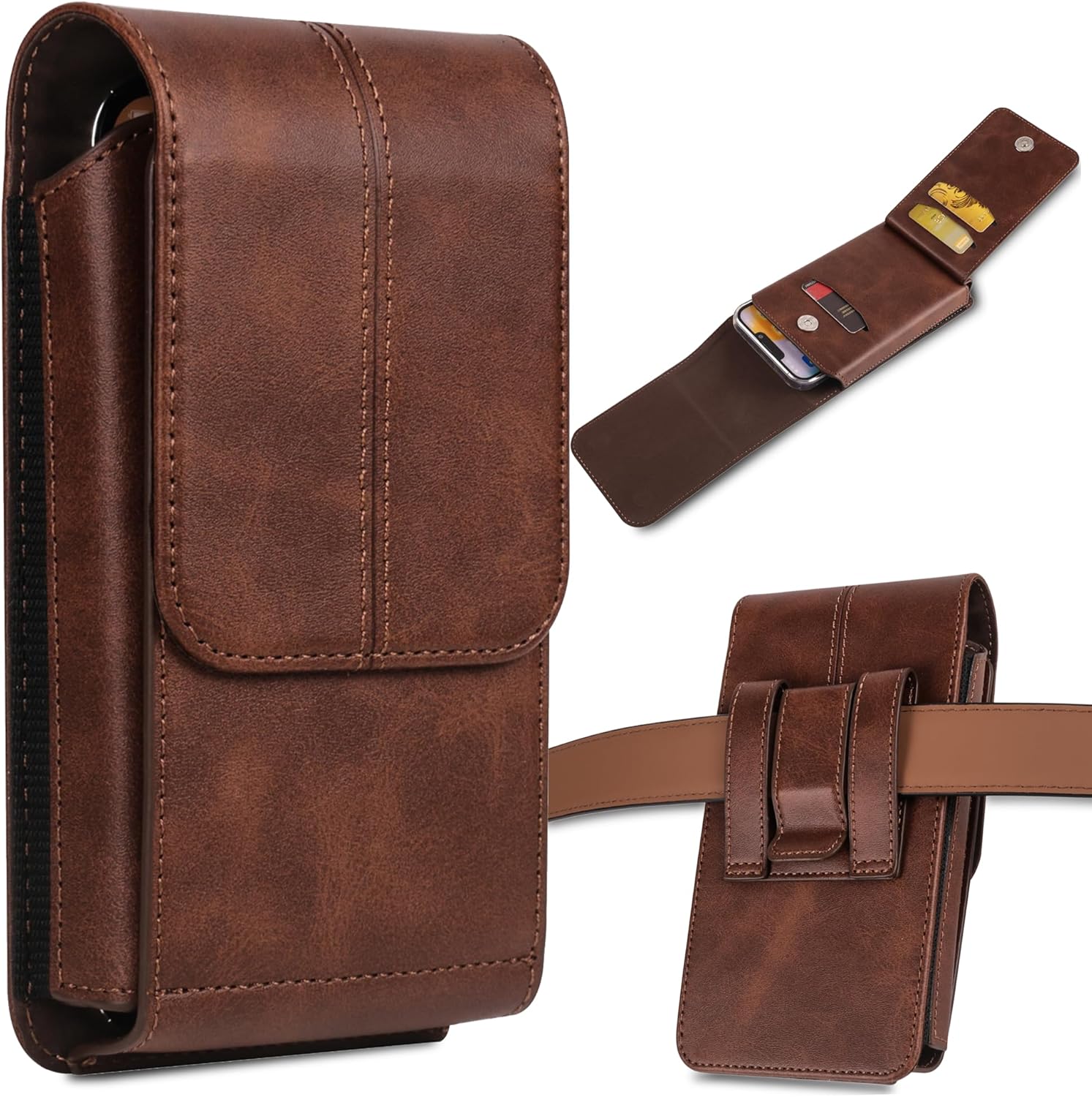 Phone Pouch Leather Belt Holster Case with Card Holder, Compatible with iPhone iPhone 15, 15 Pro, 14, 14 Pro, 13, 13 Pro, 12, 12 Pro, 11, 11 Pro, XR, Galaxy S24, S23, S22, Brown -M Medium Brown