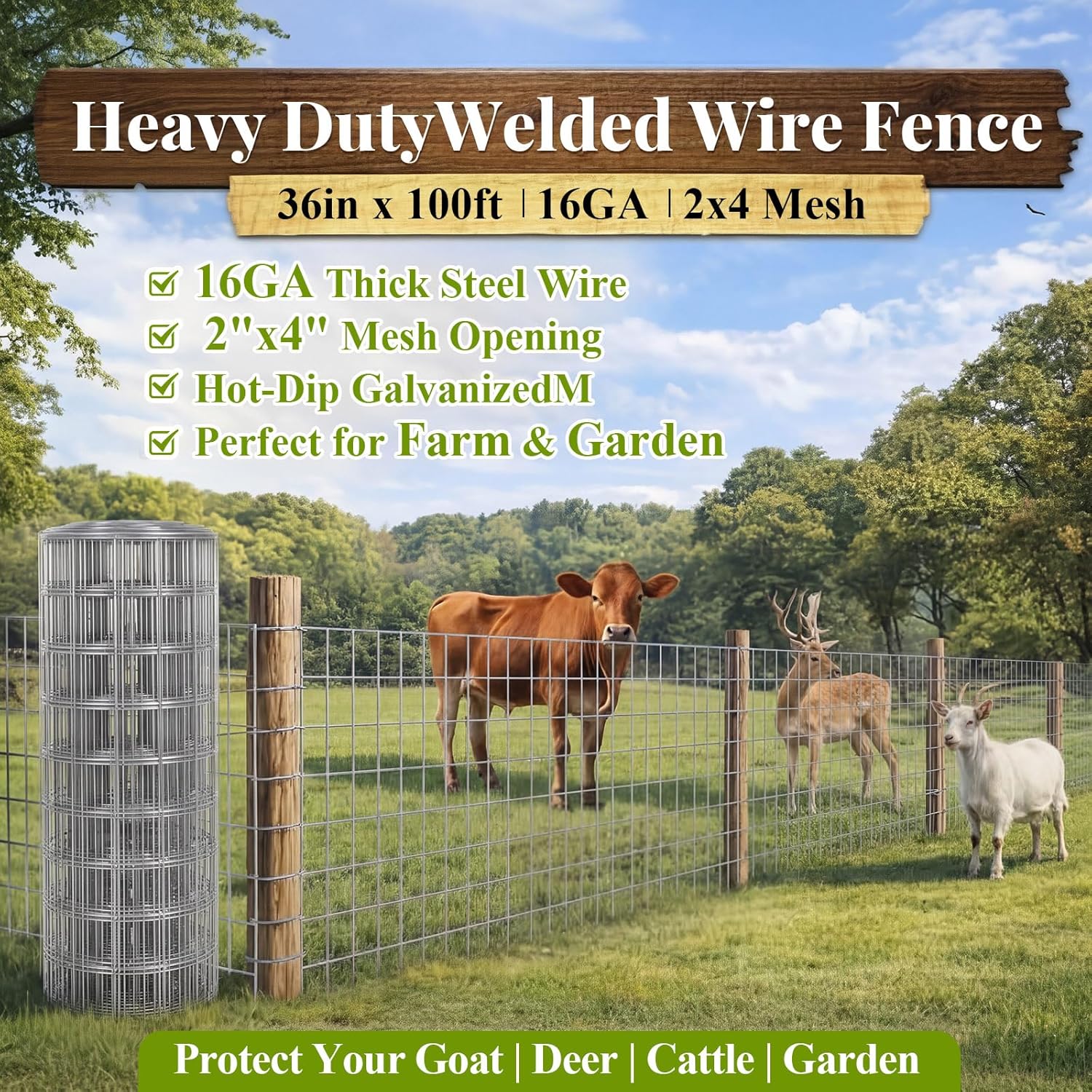 Gisafai 36in x 100ft Welded Wire Fence, 2 Inch x 4 Inch 16 GA, Galvanized Metal Garden Fence Roll Wire Mesh Netting for Goat Deer Cattle Animal Enclosures and Yard Vegetable Plant Protection,Silver