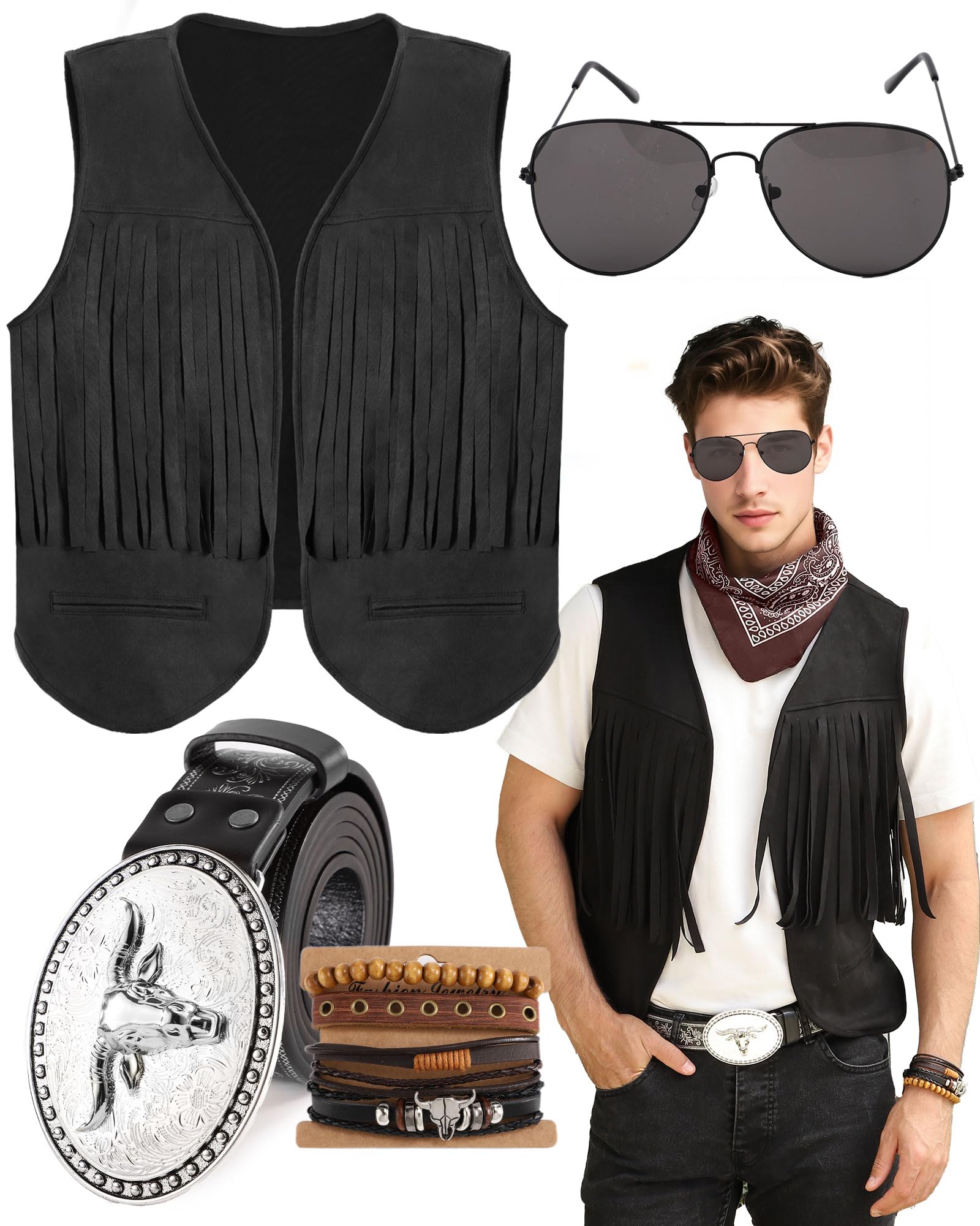 5 Pcs Western Cowboy Costume Outfit for Men,Cowboy Vest Buckle Belt Accessories for Halloween Cosplay Party, Black, Large
