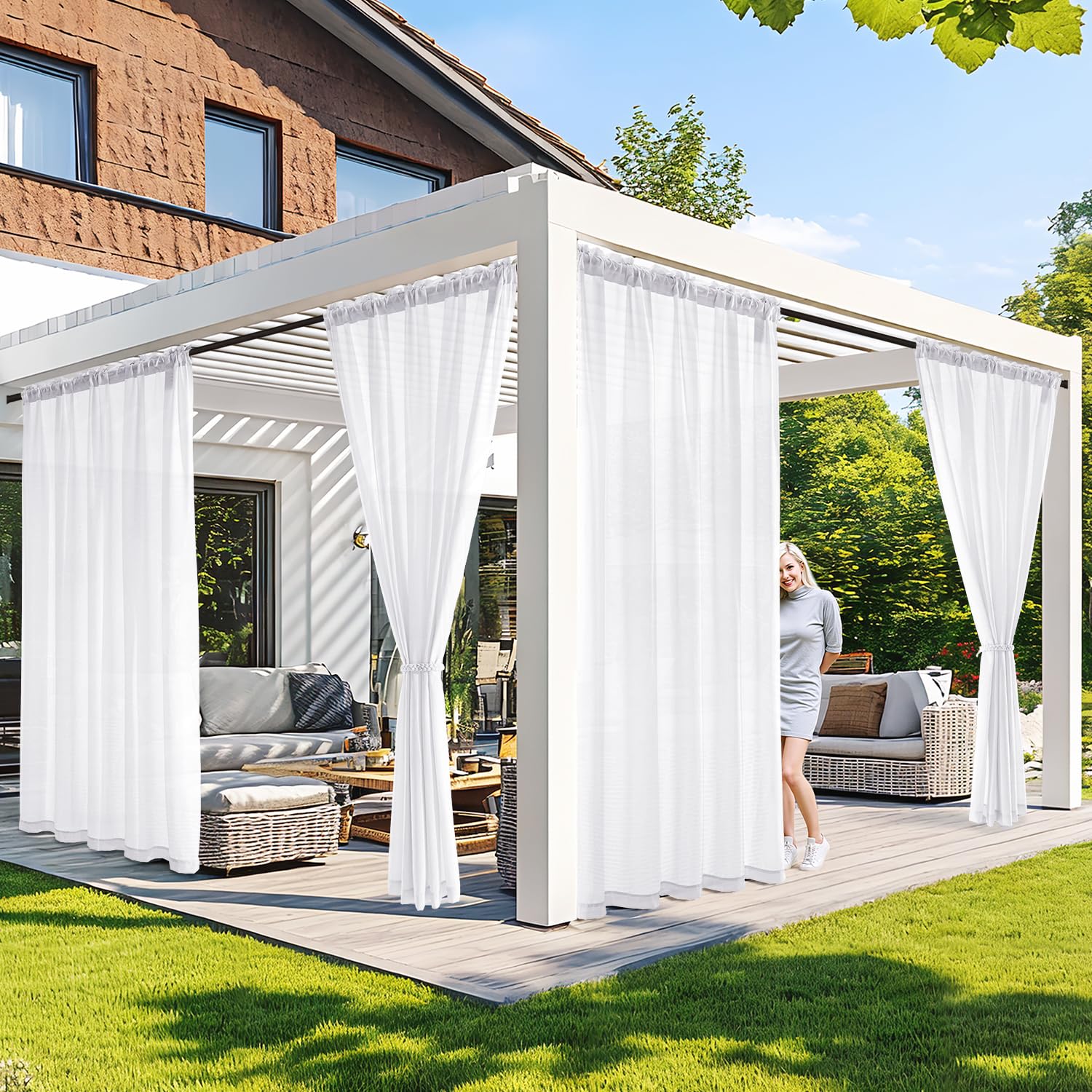 MIULEE White Privacy Outdoor Curtains Waterproof Non-See-Through Semi Sheer 2 Panels Set Elegant Rod Pocket for Patio, Porch, Pergola, Cabana, Gazebo,