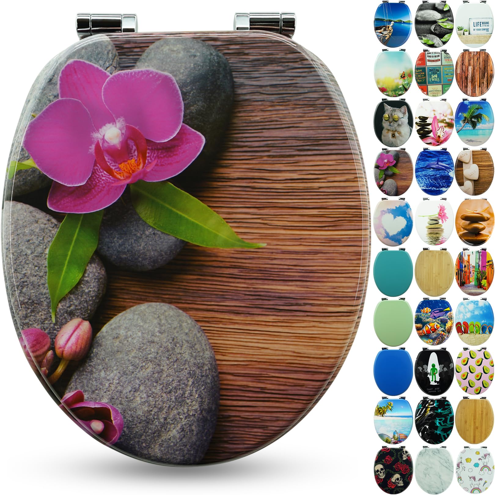 Sanfino® Premium Toilet Seat with Soft Close - Wooden Toilet Lid, Lots of Colourful and Decorative Designs, high Seating Comfort, Easy to Install Including Instructions - "Orchid" — image 1