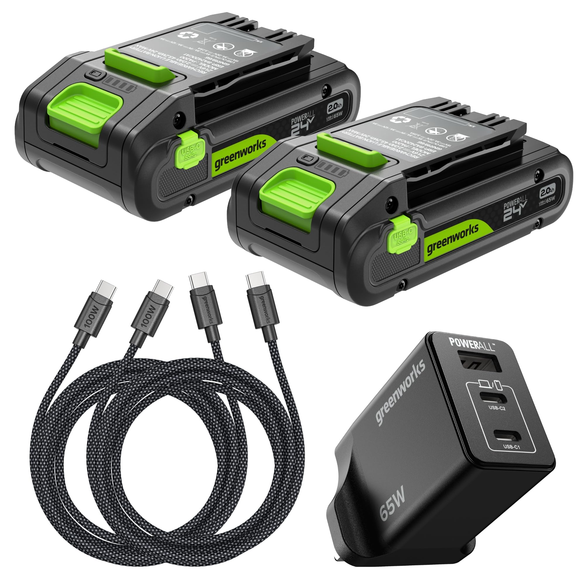 Greenworks Paquete de 2 baterías USB-C de Alta Potencia de 24 V y 2 Ah y Cargador USB-C de 65 W y Cable de 100 W, batería de Iones de Litio Adecuada para Todos los Dispositivos Greenworks de 24 V de