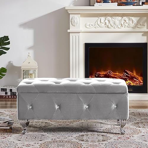LUMISOL Banco otomano moderno con almacenamiento, banco de almacenamiento tapizado de terciopelo con botón, banco otomano de almacenamiento con