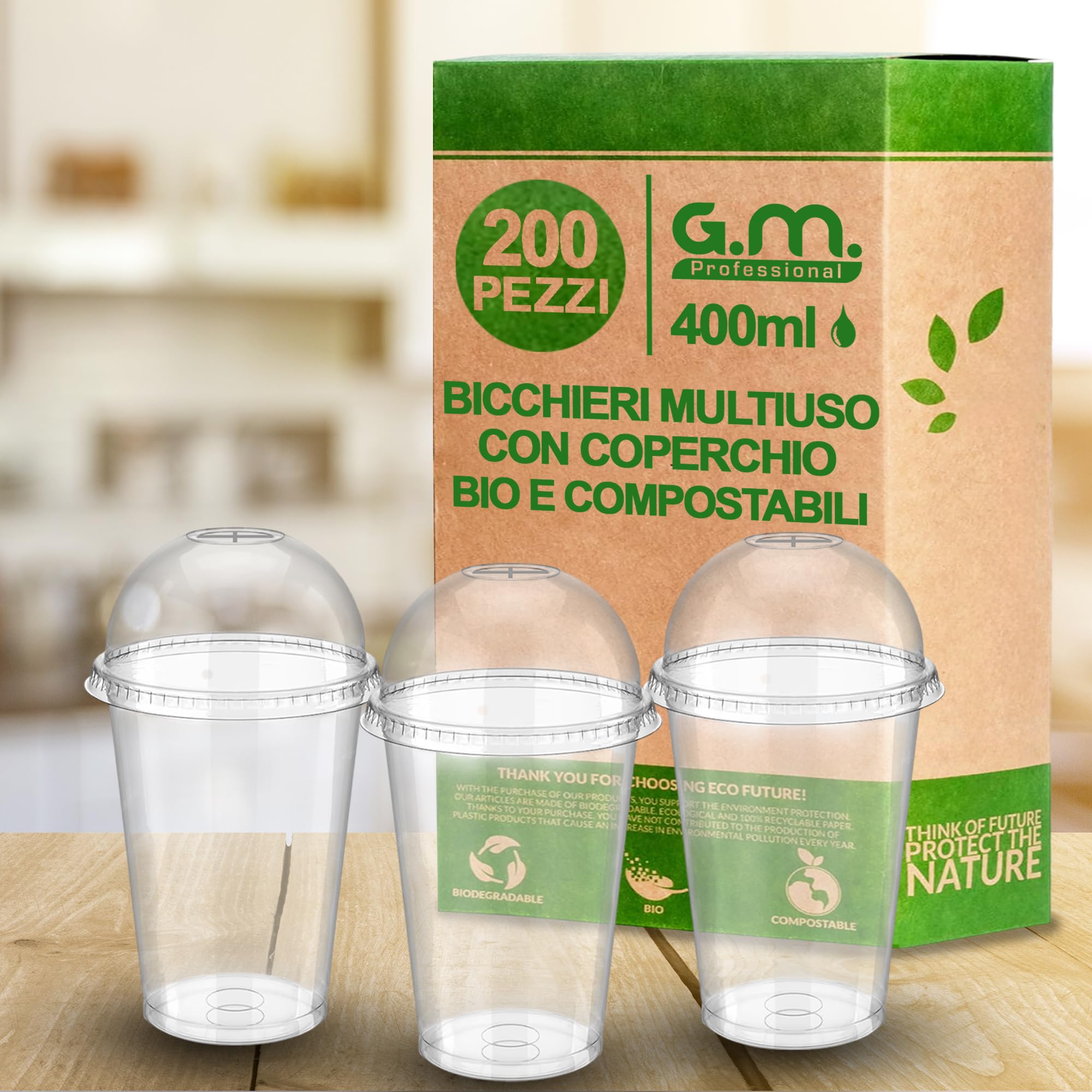 200 Bicchieri Kristal per Bevande con Coperchio da 400 ml, Biodegradabili e Compostabili, Rigidi e Resistenti, Usa e Getta, Ideale per Casa, Ufficio, Asporto Bevande Fredde