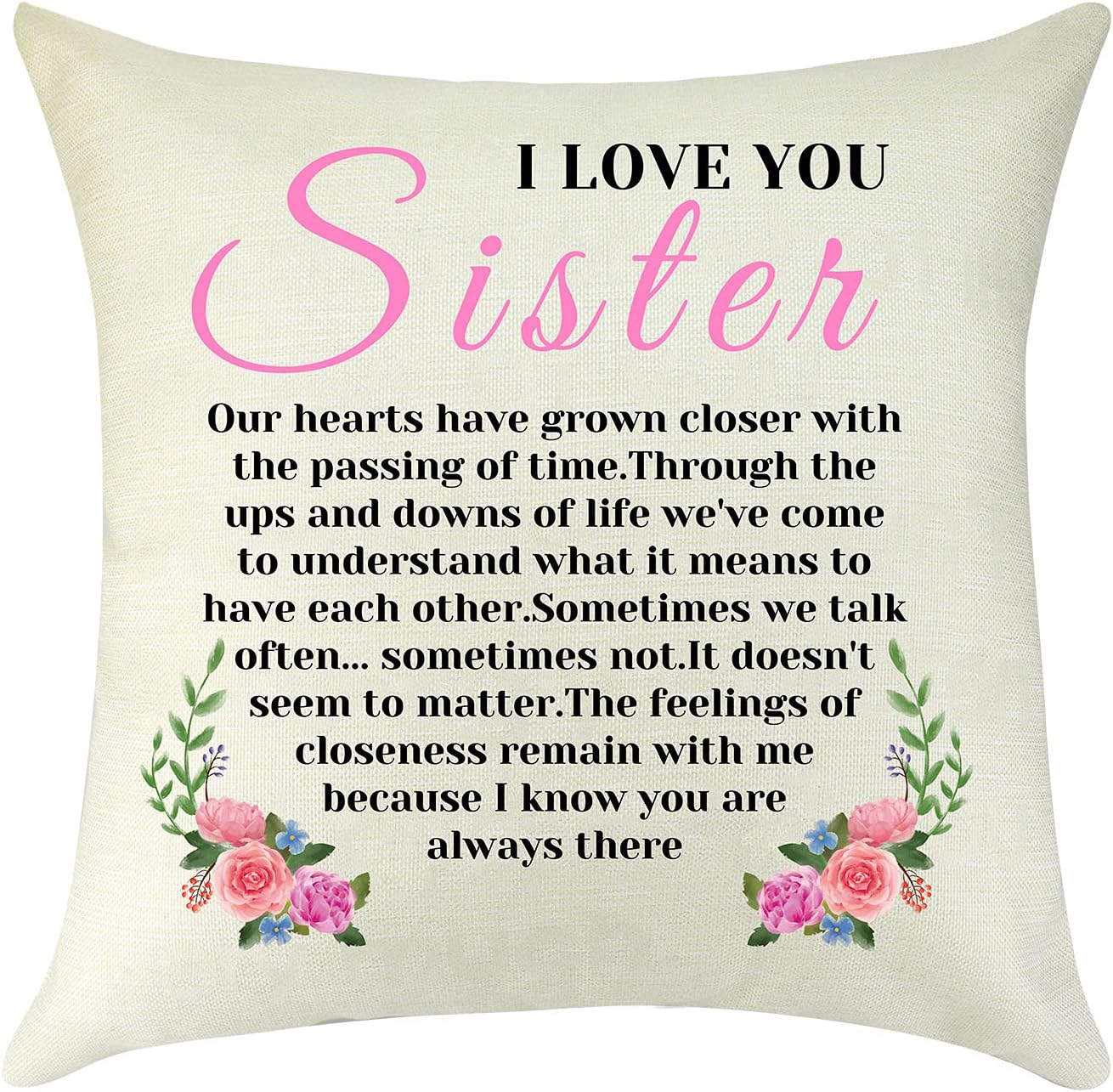 Mikela Sister Gifts from Sister Sister Pillow Cover Thank You Gift Graduation Birthday Wedding Gift for Sister Best Friend Bestie Square Throw Pillow Case Cushion Cover for Sofa Couch 18 x 18