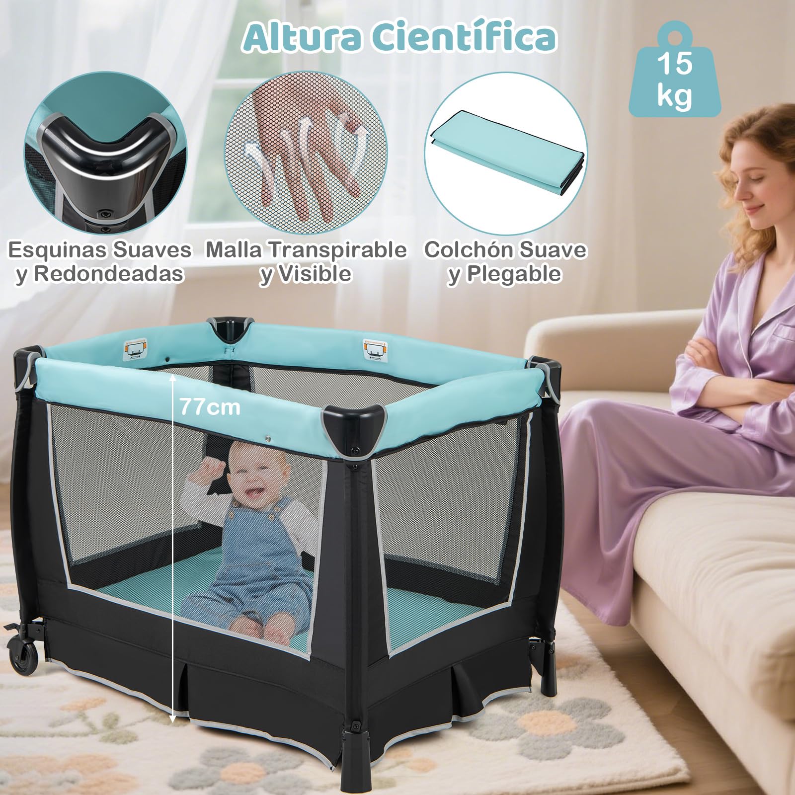 COSTWAY Cuna bebe 6 en 1, Centro de Cuidado para Bebés, Parque de Juegos Portátil para Bebés con Moisés Cambiador, Dosel Ajustable, Barra de Juguetes Caja de Música, Bolsa de Transporte (Azul)