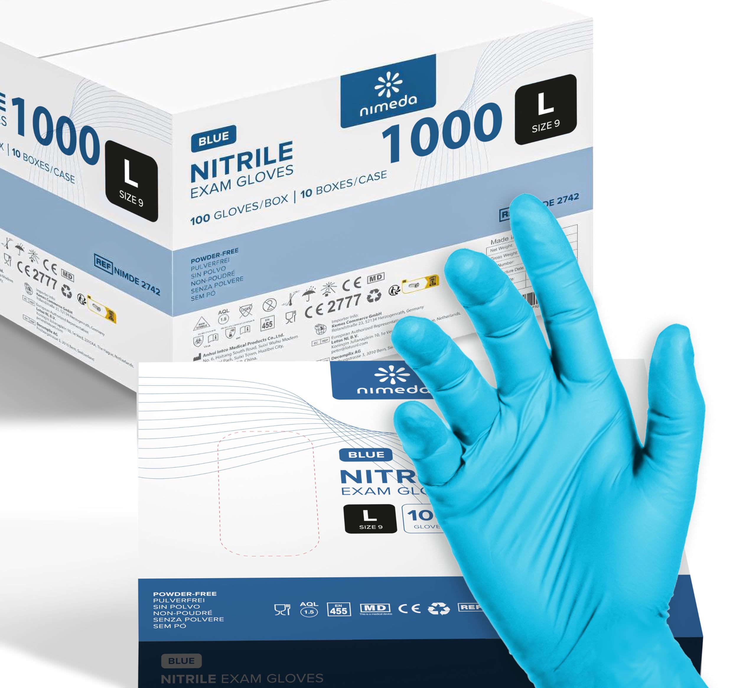 Kemes Guantes de nitrilo L, 1000 unidades, azul claro, desechables, sin látex, sin polvo, talla L