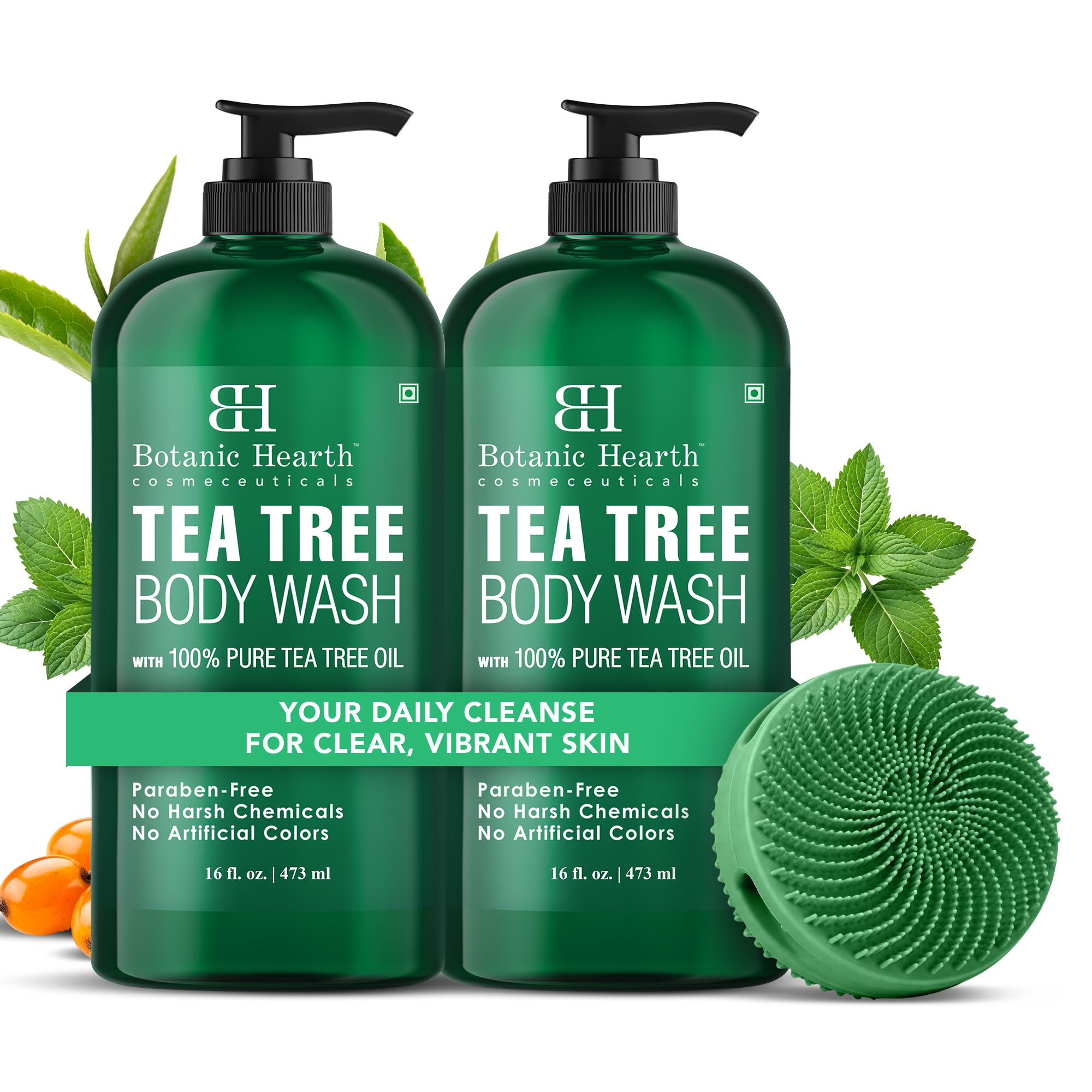 Botanic Hearth Tea Tree Body Wash & Silicone Body Brush - 16 fl oz Set of 2 | Silicone Dual-Sided Design Body Brush & Scrubber | Infused with 100% Pure Tea Tree Oil, Coconut, Jojoba | Paraben Free