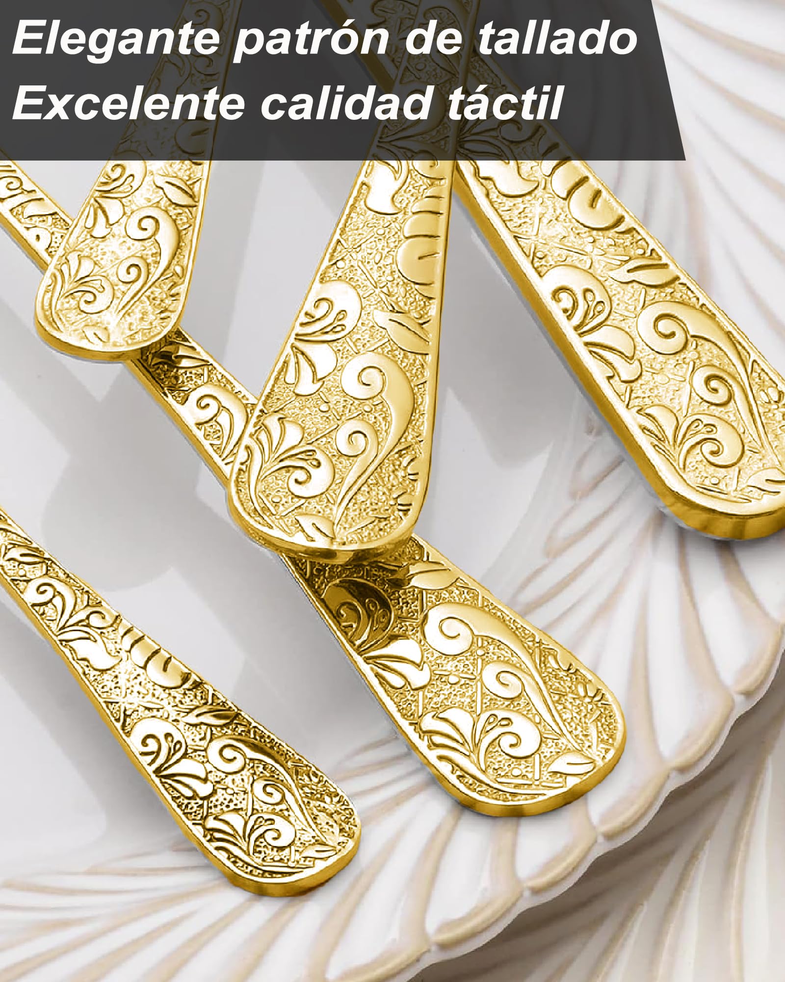 Juego de cubiertos oro para 6 personas, estilo retro tallado y moderno en relieve. Juego de cubiertos de acero inoxidable de 24 piezas. Incluye cuchillos, tenedores y cucharas