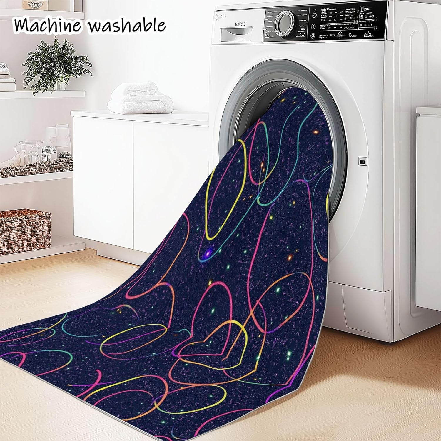 Washable 5 x 8 Area Rug, Non-Slip Low Pile Carpet for Living Room Bedroom Dining Room Kitchen - Soft Neon Colors Thin Lines and Circles Printed Rug