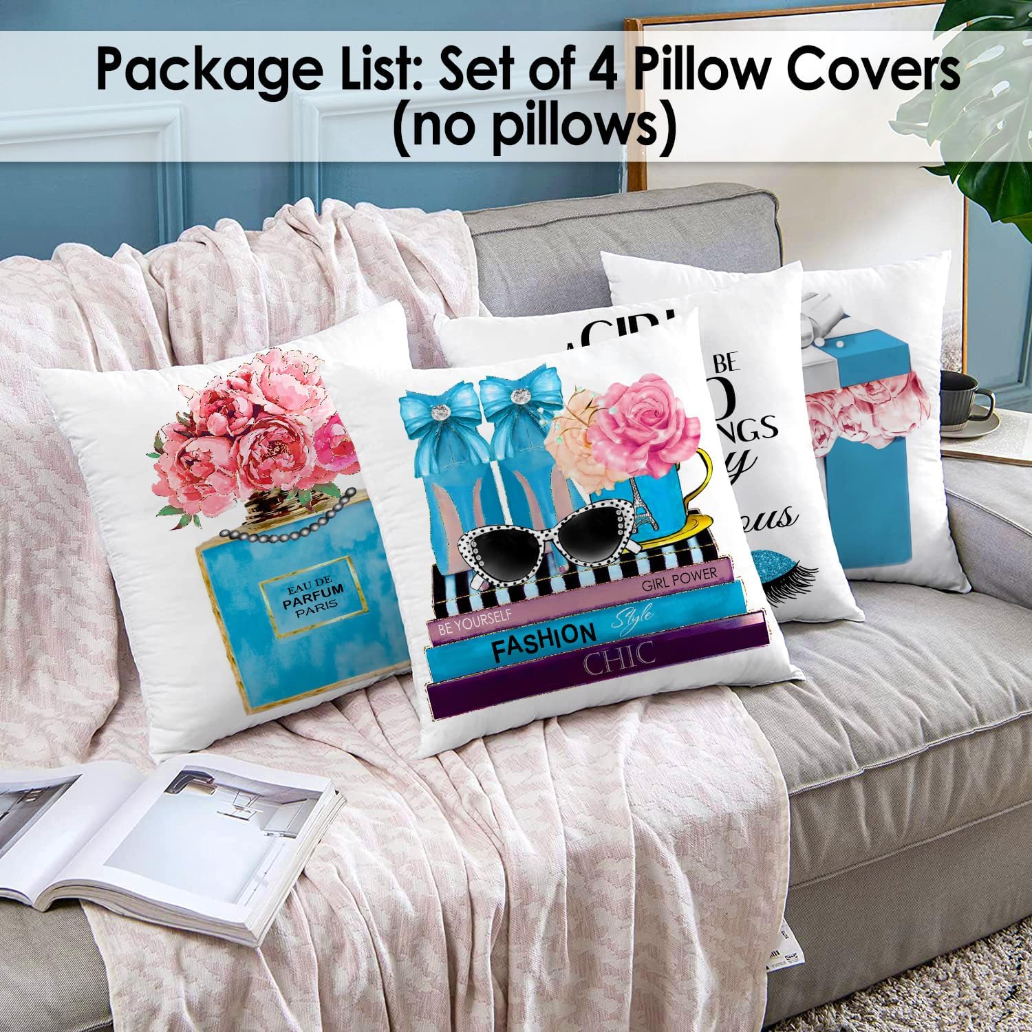 Set of 4 18x18 Blue Teal Throw Pillow Covers Fashion Soft Velvet Couch Bed Decorative Pillow Covers Pink Flower Perfume Words Eyelash Cute Accent Pillow Covers Teen Girls Bedroom Decor (Blue)