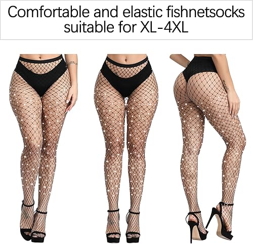Miniatura 4 de URATOT Paquete de 3 medias de malla para mujer con diamantes de imitación de talla grande