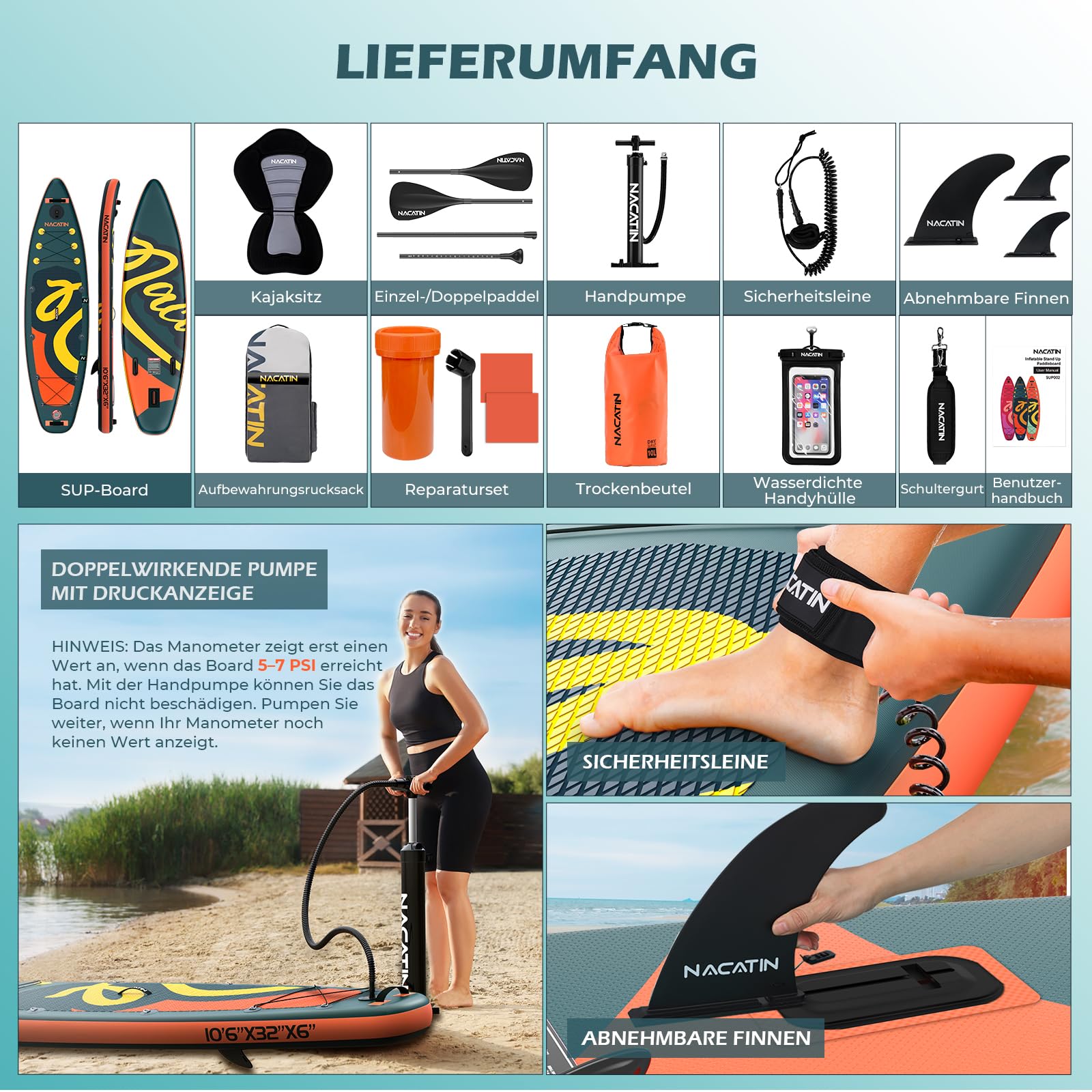 NACATIN 320cm (10ft 6in) aufblasbares SUP Board mit Sitz für Erwachsene, Stand Up Paddling Board mit Doppelpaddel, Kajaksitz, Rucksack, Tragegurt, Trockentasche, Reparaturset, für See, Fluss, Yoga