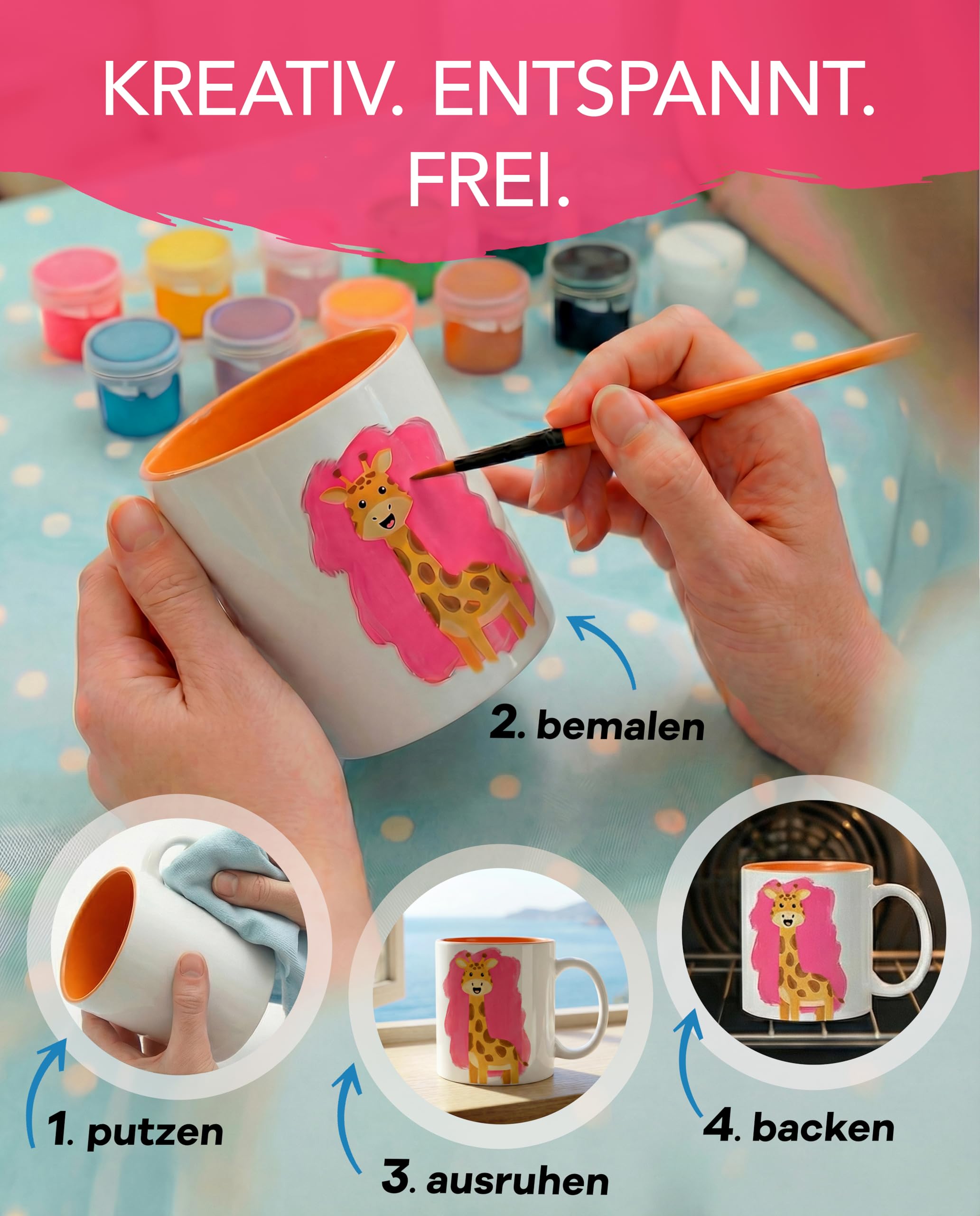 Keramik Bemalen Set mit 3 Tassen,Farben,Stiften & Zubehör | 2 weiße und 1 schwarze Effekt-Tasse,13 Acrylfarben,12 Porzellanstifte,4 Pinsel Künstler und Mandala-Werkzeuge