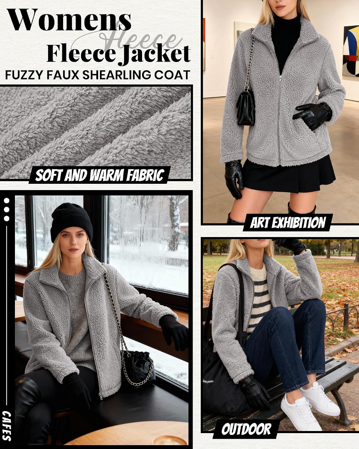 Womens Fleece Jacket Fuzzy Faux Shearling Coat Sherpa Jacket Long Sleeve Full Zip Warm Winter Outwear with Pockets
