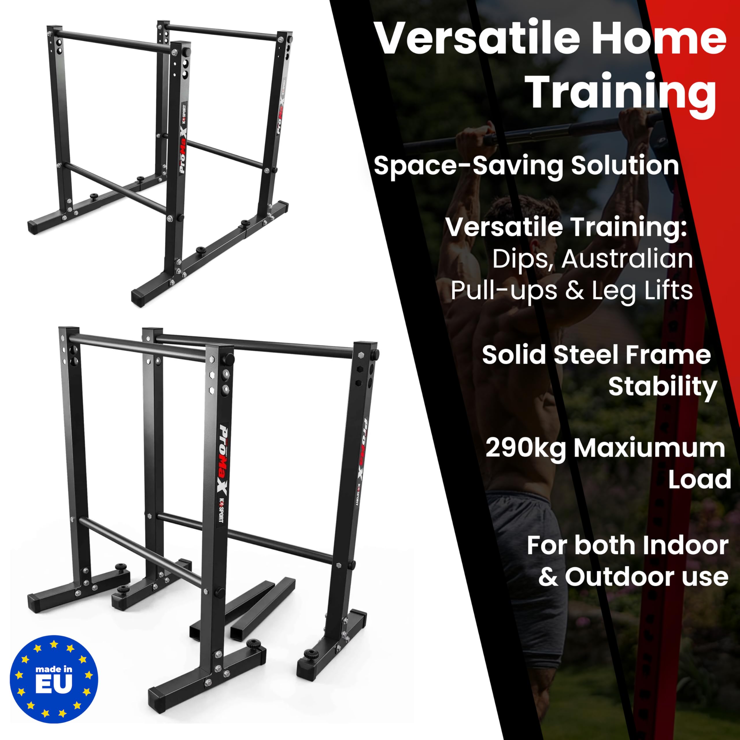 K-Sport - Stazione per affondi, con barre parallele, per piegamenti in verticale, attrezzo stabile e regolabile, per esercizi e fitness, per la palestra in casa