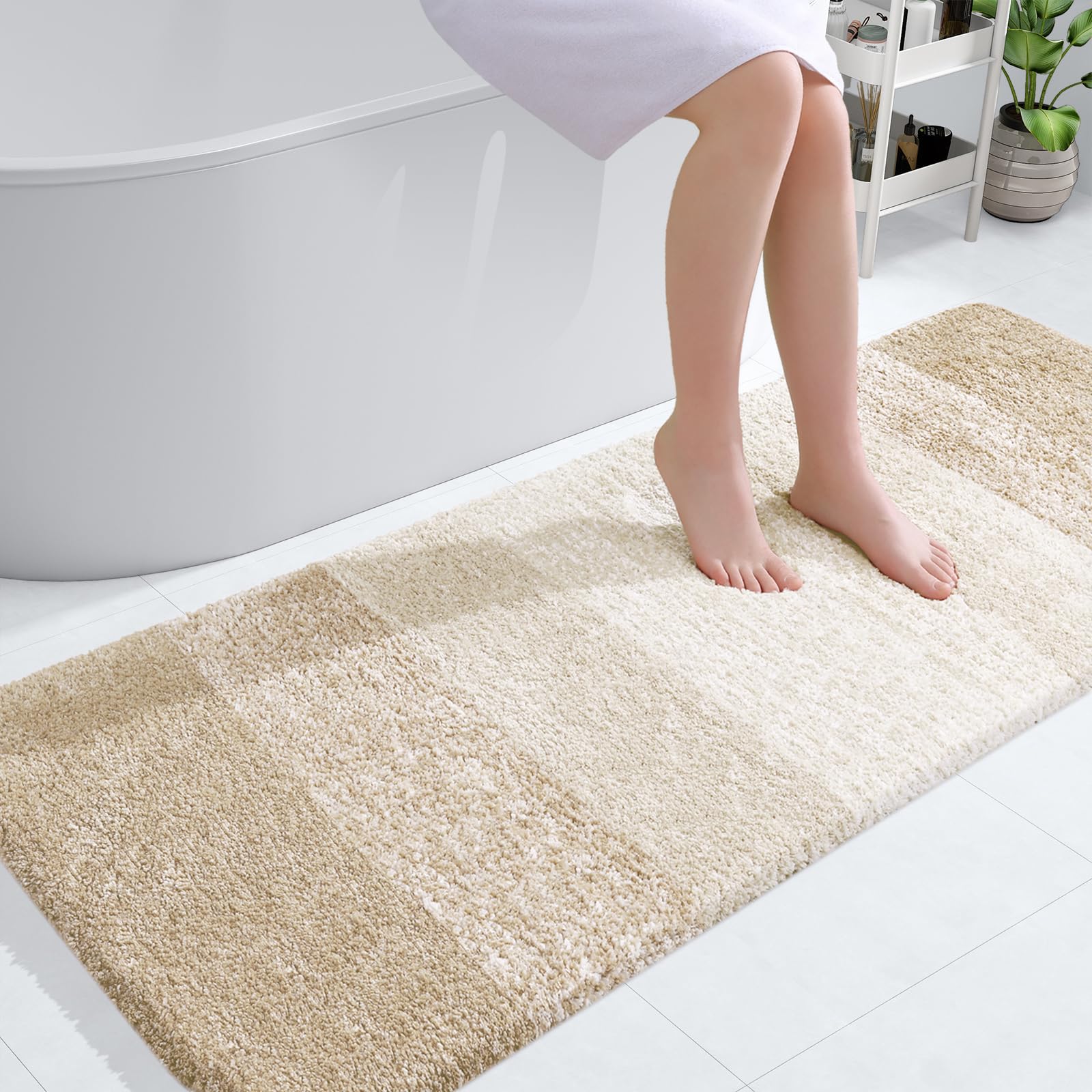 OLANLY Bathroom Runner Rug 40x24, Extra Soft Absorbent Microfiber Bath Rugs | Light Beige, Non-Slip Quick-Drying Rubber Backing, Washable Long Bath Mat for Floor, Tub and Shower, Home Decor