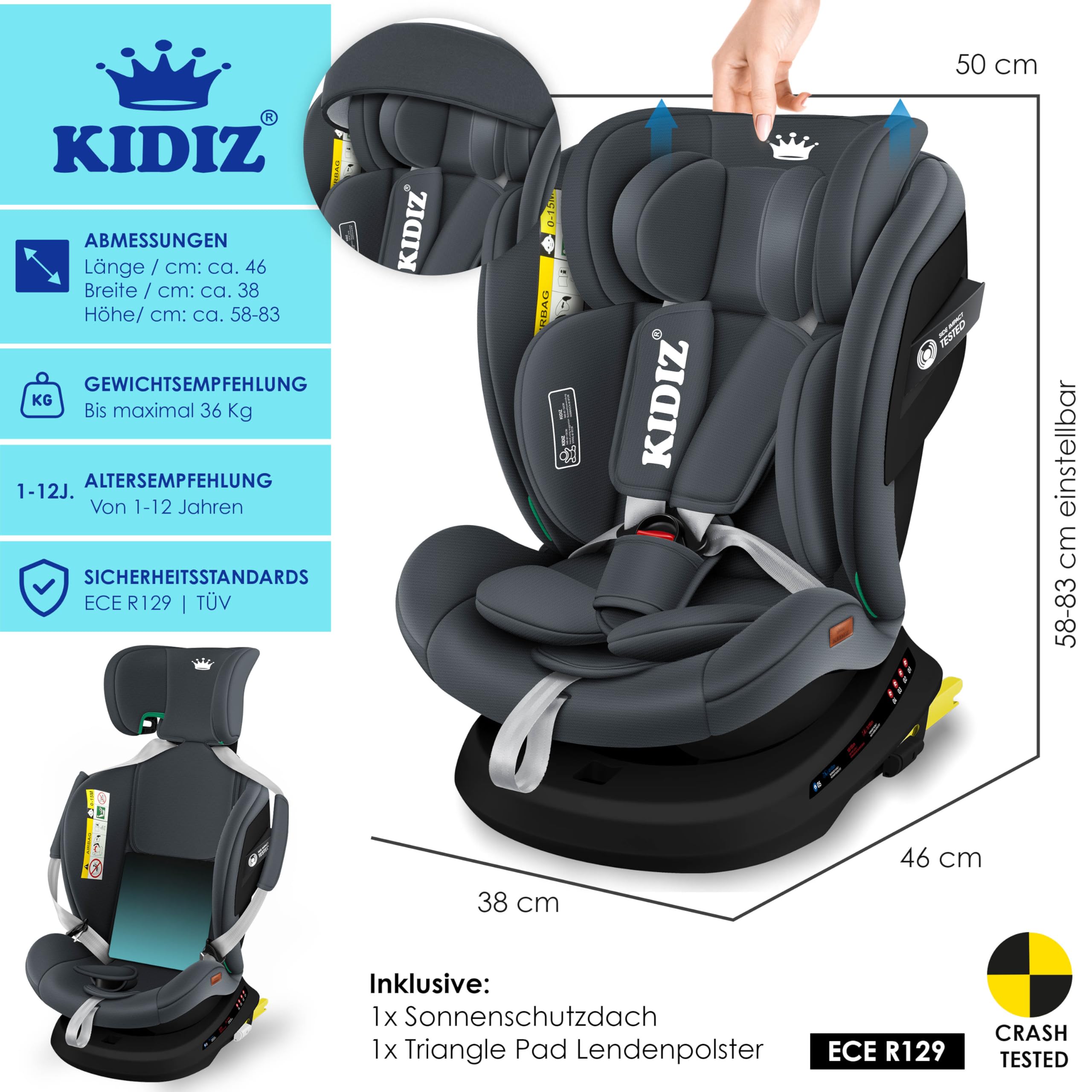 KIDIZ® Autokindersitz mit Isofix i-Size R129 100-150cm Gruppe 0/1/2/3 5-Punkt-Gurt höhenverstellbare Kopfstütze Anthrazit