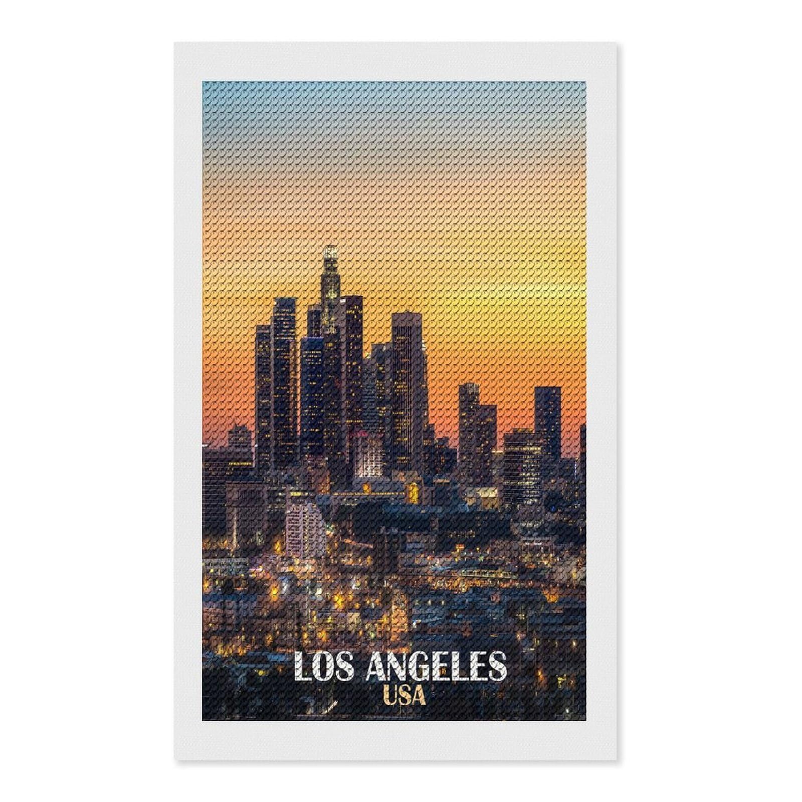 Junmoney Los Angeles Skyline at Sunset(2) DIY Diamond Art Canvas Kit 12"x20", for Teens, Finish and Display, Holiday Gift Idea, Vintage Style Decor