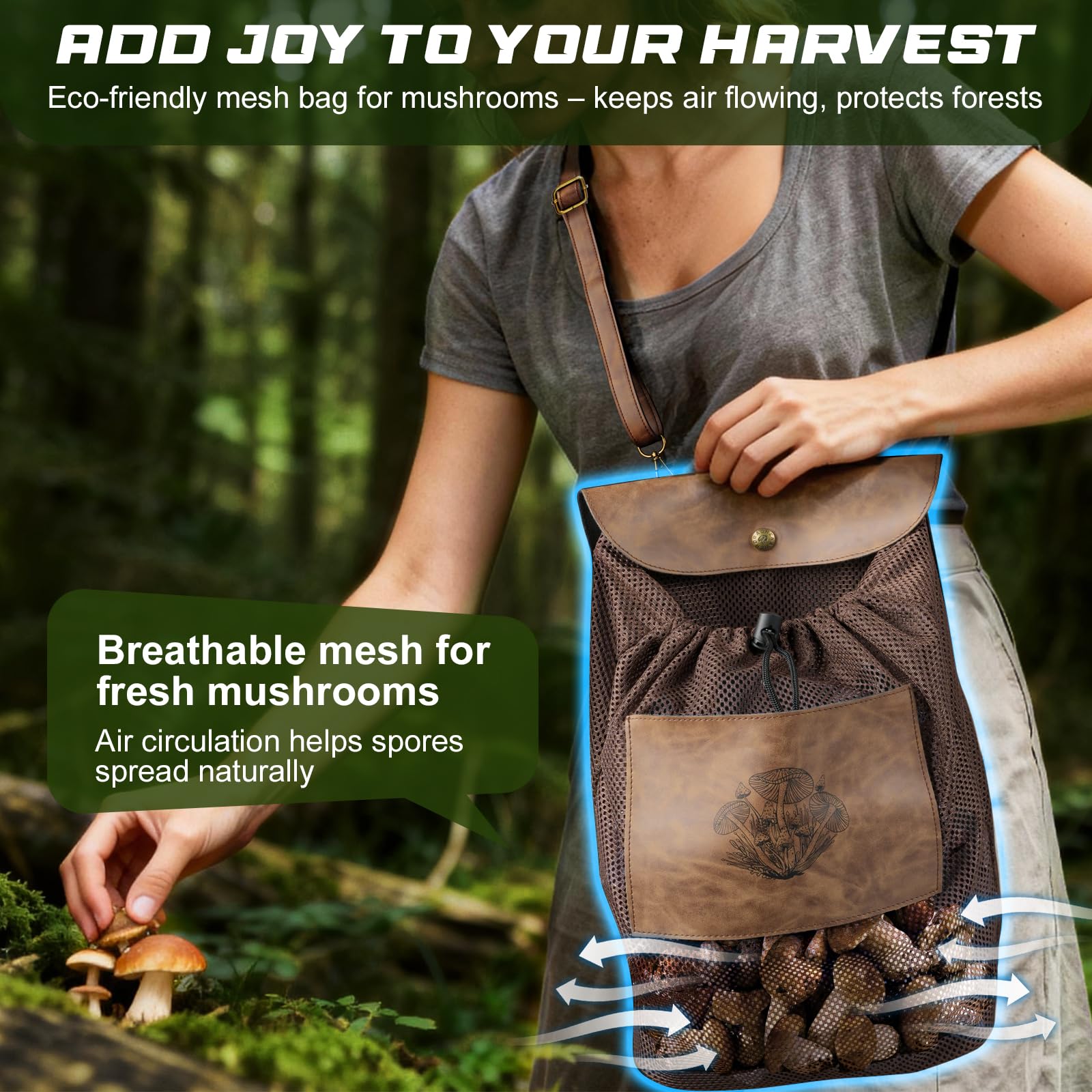 DRACHENADER Couteau Champignon, Panier Champignon – Couteau à Champignons avec Brosse Intégrée, Sac à Champignons Pliable et Respirant avec Filet, Bandoulière Réglable