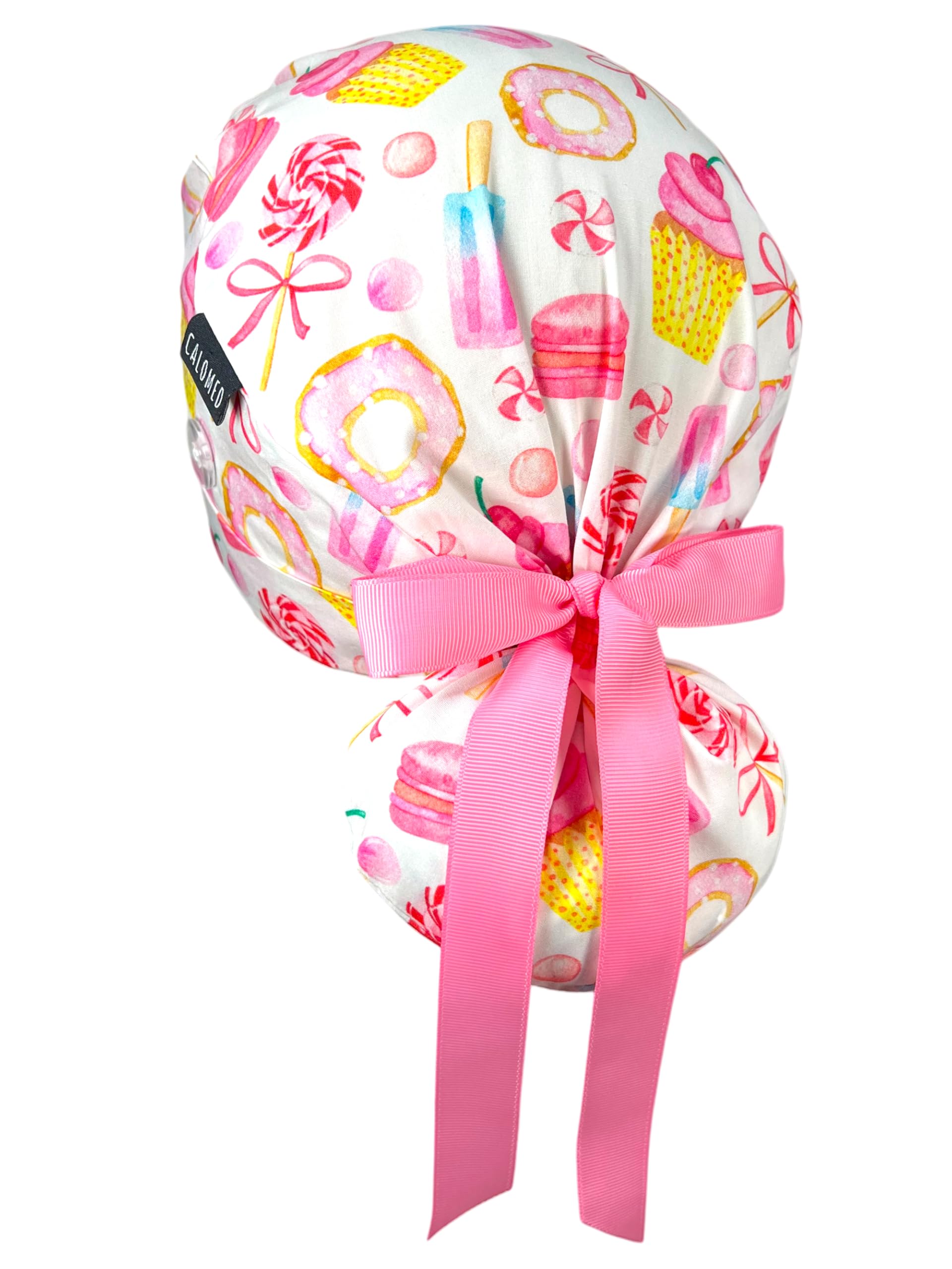 Scrub Cap for Women and Men, Ponytail Scrub Caps, Working Hat, Head Cover with Ribbon Ties and Buttons, Long Hair