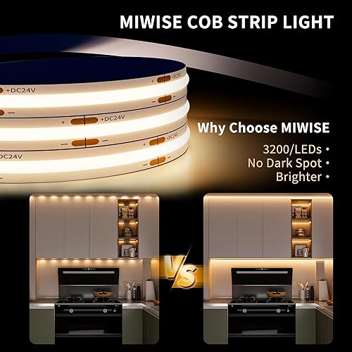 Miniatura 2 de MIWISE COB - Tira de luz LED de 32.8 pies32.8 ft, CRI 90+ blanco cálido 3000 K de alto lúmenes regulable, súper brillante, flexible, DC24V, cinta de