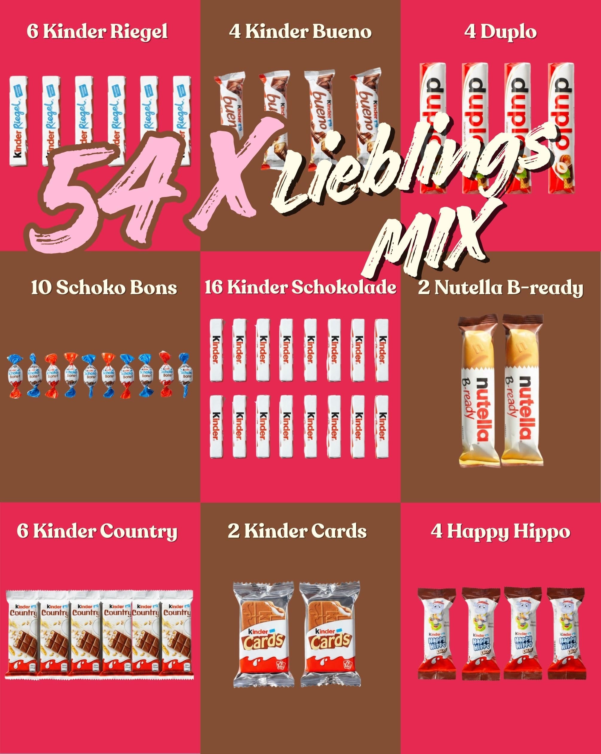 Süßigkeiten Box mit Kinderschokolade - Genussmomente von Der Zuckerbäcker, Premium Schokoladen Mix mit Bueno, Kinder Schokolade und Kinder Country, 54 Teile als Geschenk für Party und Geburtstag