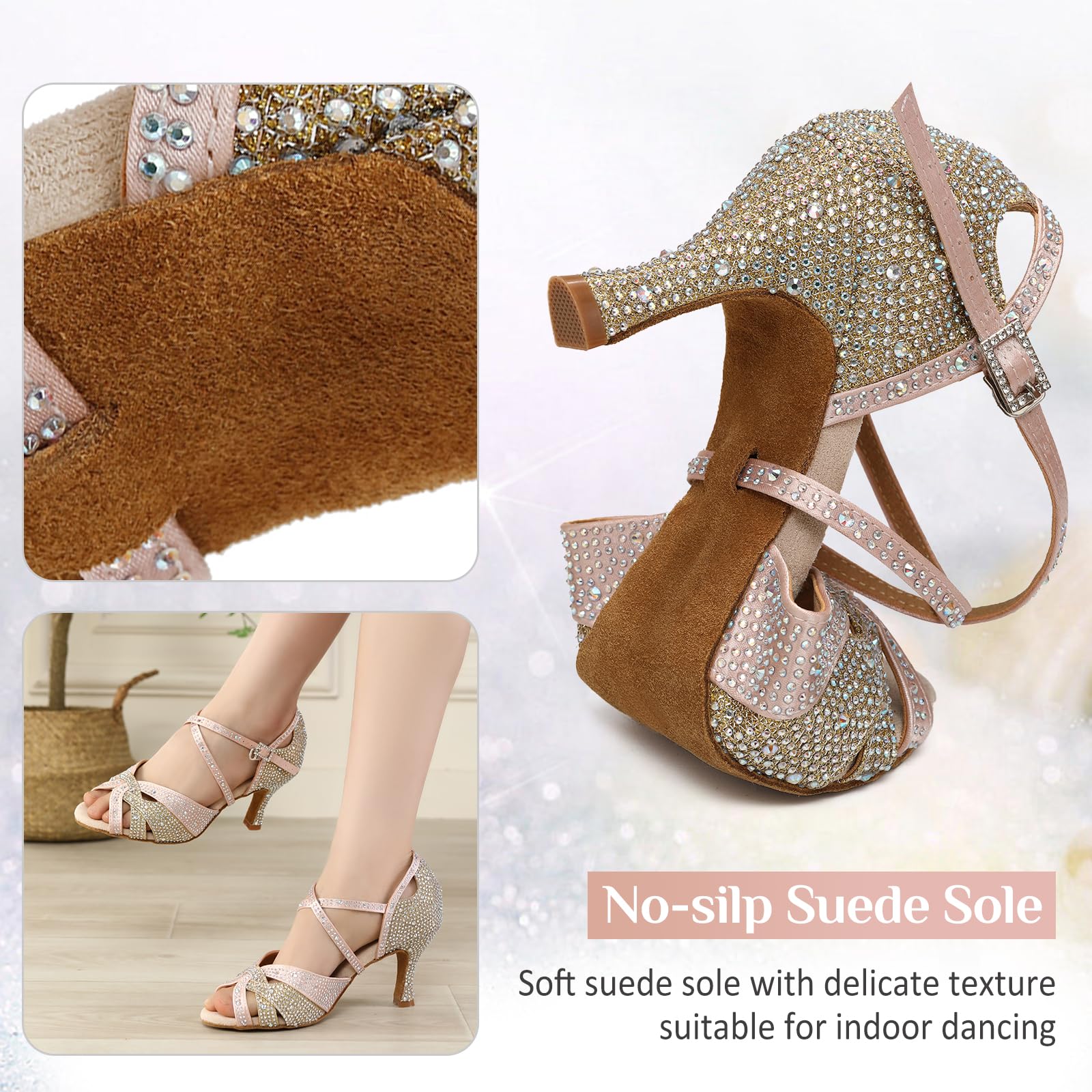 Scarpe da Ballo Latino Americano Donna con Strass in Raso Punta Aperta Salsa Bachata Scarpe da Ballo da Sala,YCL388,Tacco 7.5 cm