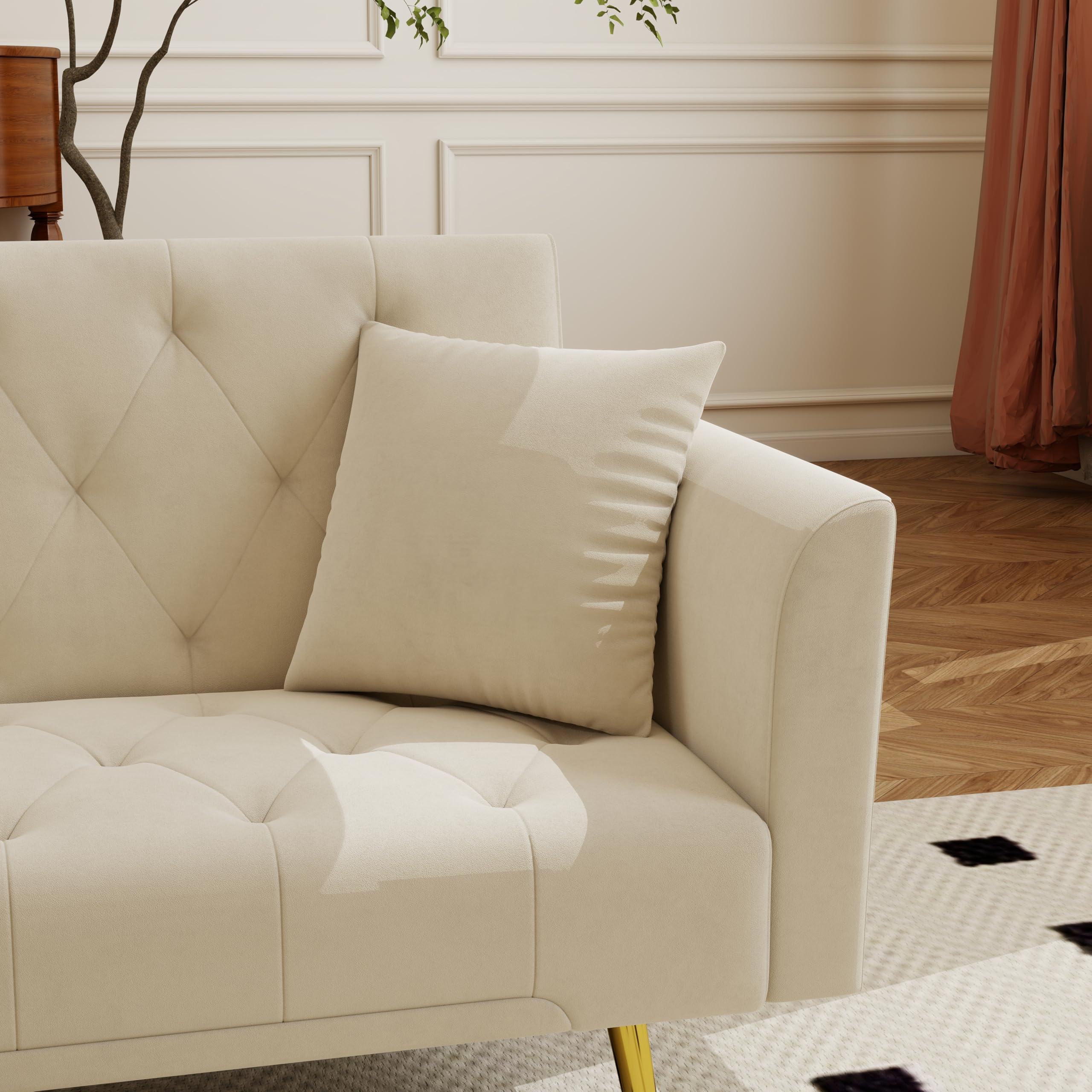 KEIKI 72" Futon Sofa Bed, 2-in-1 Loveseat, Velvet Upholstered Couches for Living Room, Sofa Sleeper for Small Space, Comfy Supportive Rest Space Elegant Modern Studio Design, Beige