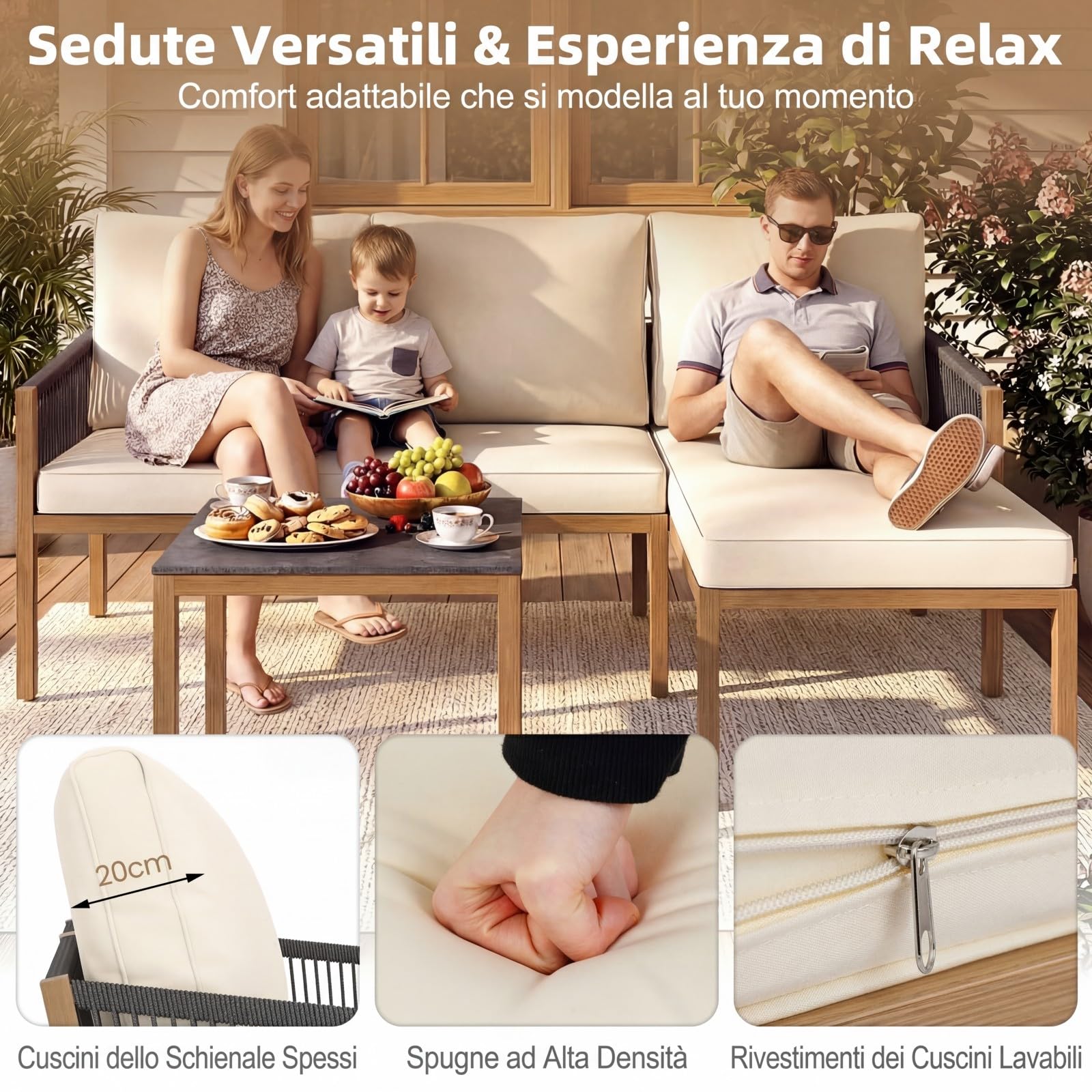 COSTWAY Set di Mobili da Giardino 3 Pezzi, Salotto da Esterno con 2 Divani Componibili a forma di L e Tavolino da Caffè, Set da Conversazione da Esterno con Cuscini Sfoderabili, per Patio e Terrazzo