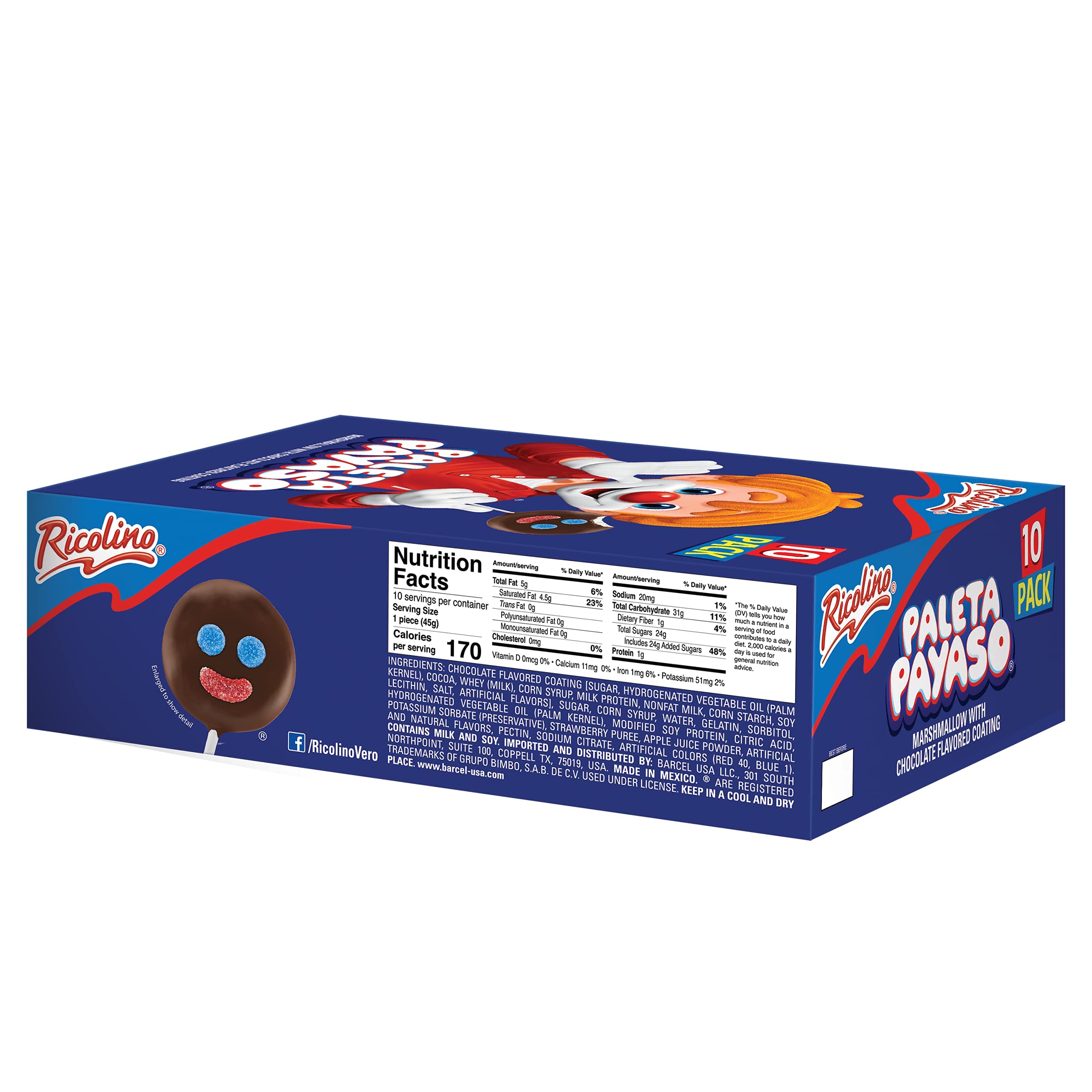 RICOLINO Paleta Payaso Marshmallow Lollipop Box of 10...B07PFR25KF