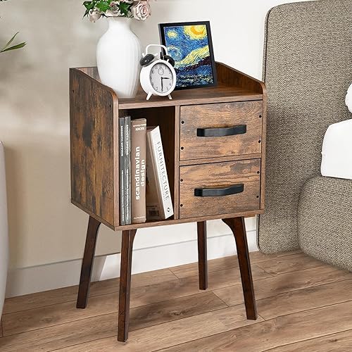 Miniatura 2 de Youmechi Nightstand, Mid-Century Modern Night Table with Solid Wood Legs and 2 Wooden Storage Drawers, Industrial Bedside Table, Rustic Brown Night