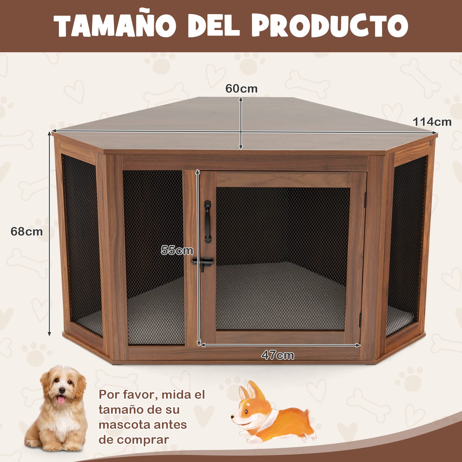 COSTWAY Mueble de Esquina para Mascotas, Casa para Perros con Puerta de Malla y Cojín, Jaula para Perros con Estilo de Mueble para Uso Interior, Casa Decorativa para Mascotas para Habitaciones