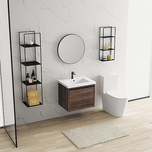 Miniatura 4 de Juego de tocador de baño de 24 pulgadas con fregadero para espacio pequeño, juego de armario de baño montado en la pared con estante de