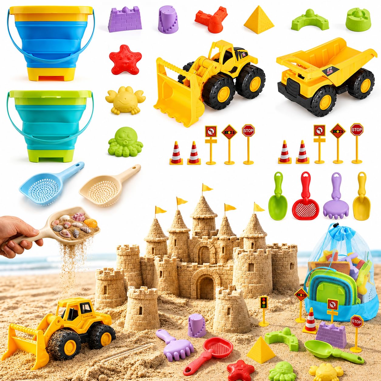 Photo 1 of Fiderix 30PCS Beach Toys for Kids Ages 3-10 with 2 Collapsible Buckets