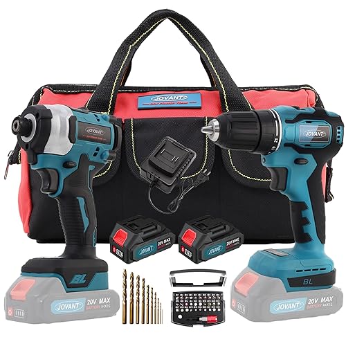 JOVANT Cordless Drill and Impact Driver, Electric Drill and Impact Driver Combo Kit with 3/8-inch Electric Drill and 1/4-inch Impact Driver with 2 2A Batteries and 1 2.4A Charger