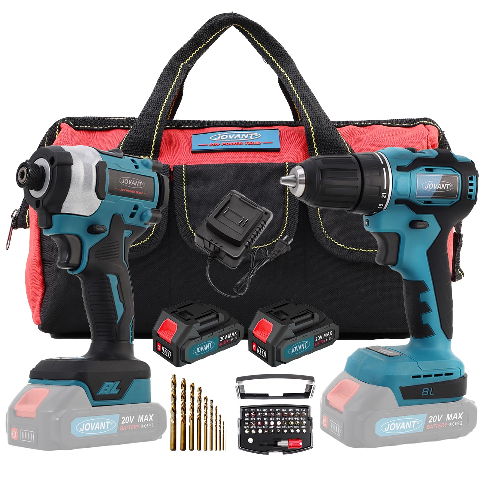 JOVANT Cordless Drill and Impact Driver, Electric Drill and Impact Driver Combo Kit with 3/8-inch Electric Drill and 1/4-inch Impact Driver with 2 2A