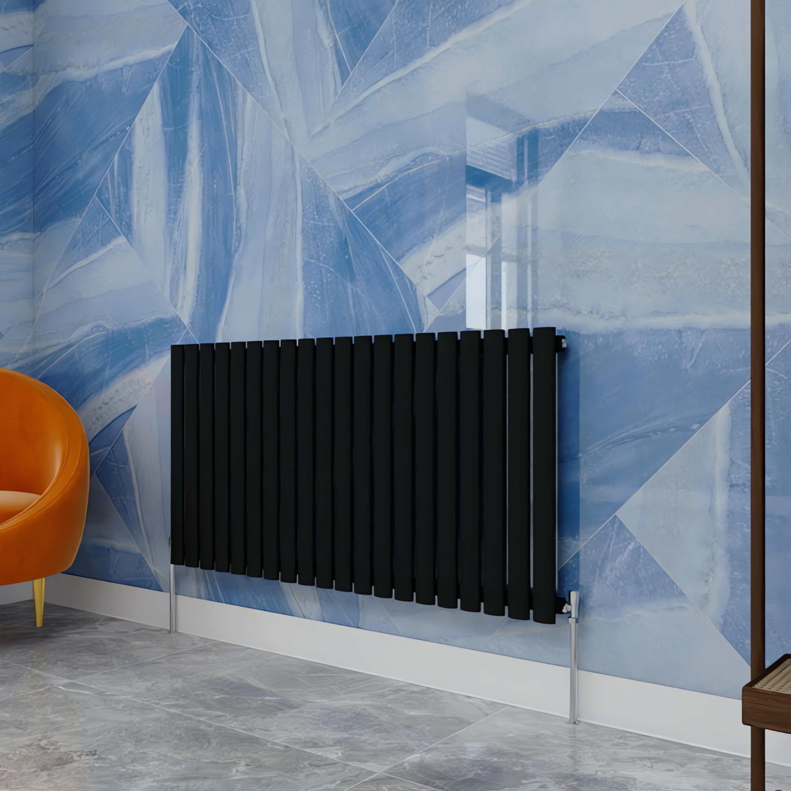Central Heating Radiator,600x1180mm Black Oval Column Single Panel for Bathroom/Hall/Kitchen Energy-efficient and Modern Design.