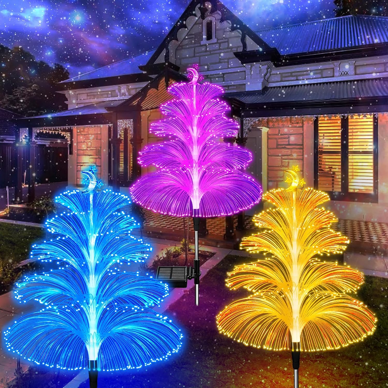 WEITEXS Solar Garden Lights Decorations Outdoor Waterproof 5 Layer Optical Fiber 7 Color Changing for Yard Pathway Outside Decorative Gifts for Mother's Women, 3 Pack