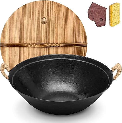 Miniatura 10 de WANGYUANJI Wok de hierro fundido hecho a mano de 14.2 pulgadas con doble asa, apto para todas las estufas, wok tradicional chino sin revestimiento