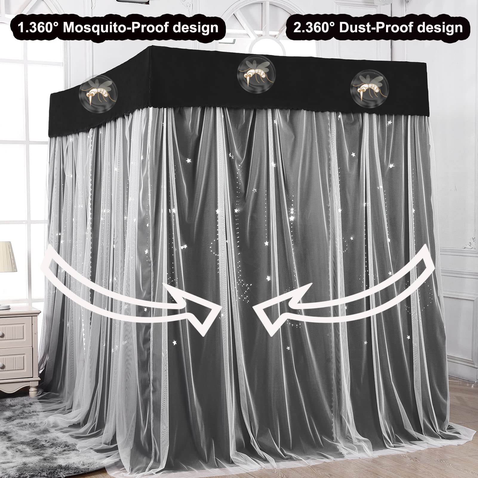Tenda a baldacchino per Letto a 4 Angoli, Motivo Principessa, Nera, con zanzariera, Decorazione per Camera da Letto e Luce Come Cielo Stellato per Adulti, Bambine, Ragazzi e Bambini (Nero, s