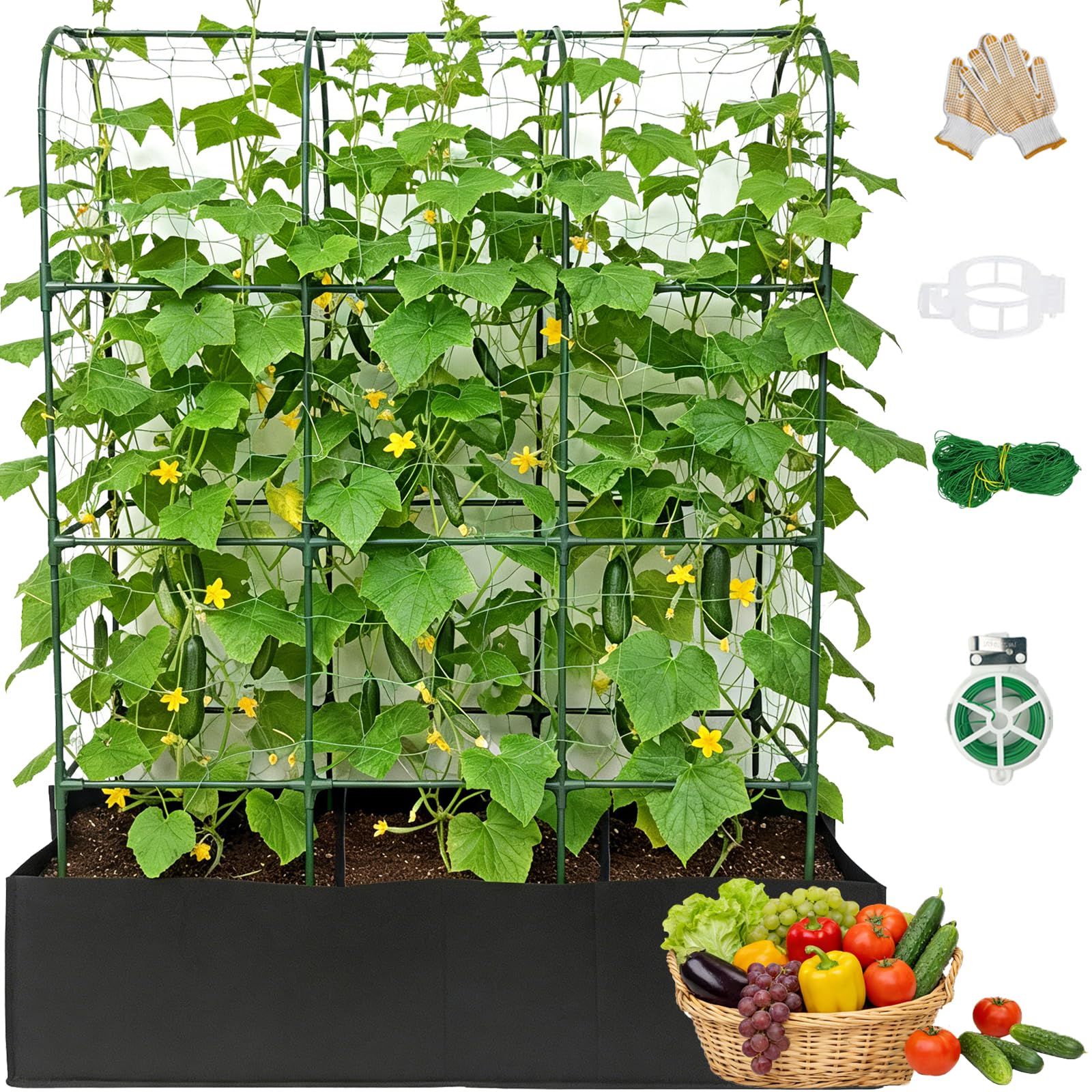 152cm High Cucumber Trellis with 130cm Grow Bag, Metal Arch Garden Trellis for Climbing Plants & Vegetables, Heavy Duty Plant Support for Tomatoes, Peas, Grapes, Space-Saving Vertical Gardening Kit