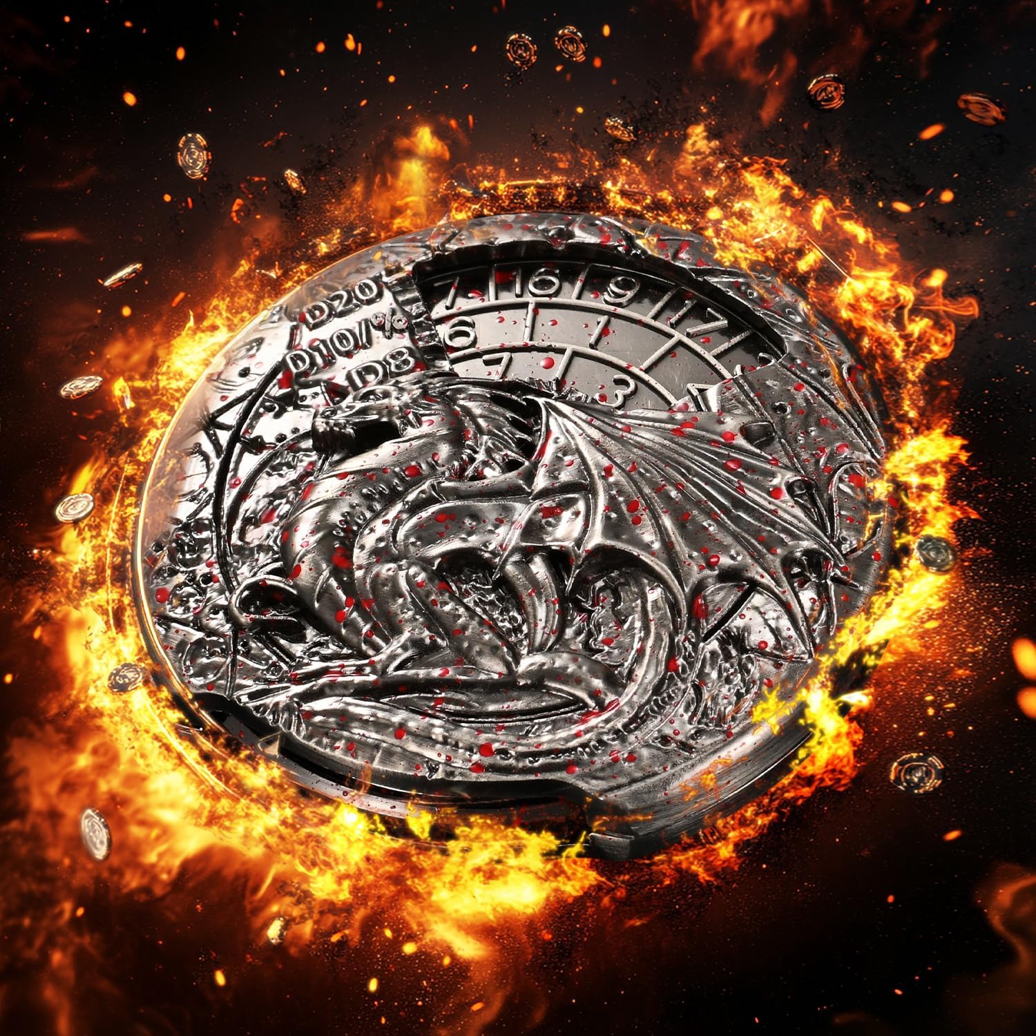 GiGiGuGu 7-in-1 Spinner Dice – Metal DND Dice Set with Dragon Coin Design, Roulette Style for Tabletop RPGs, Fantasy Game Gift for Dungeons and Dragons(Vampire Blood Silver)